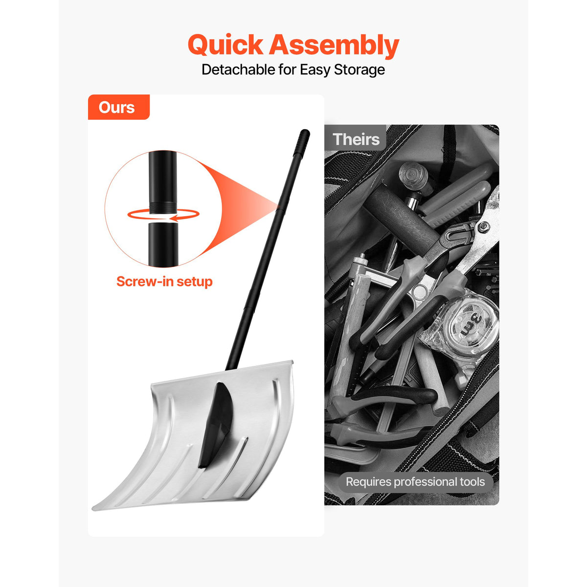 Snow Shovel for Driveway, 40cm Wide Aluminum Alloy Snow Shovel, Non Slip Grip, Large Capacity Snowplow Shovels, Detachable & Lightweight Snows Removal Tool for Garden Car Camping Outdoors