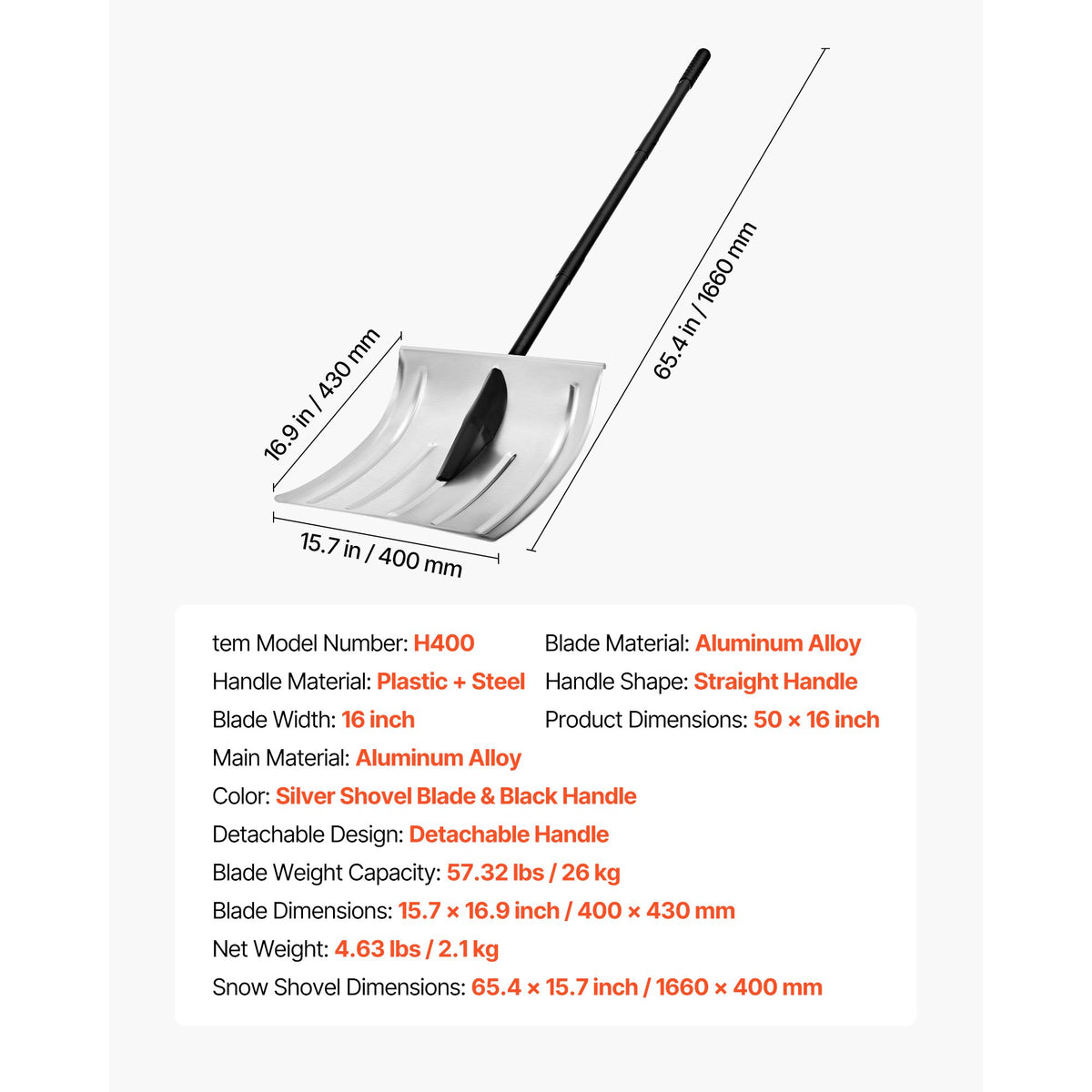 Snow Shovel for Driveway, 40cm Wide Aluminum Alloy Snow Shovel, Non Slip Grip, Large Capacity Snowplow Shovels, Detachable & Lightweight Snows Removal Tool for Garden Car Camping Outdoors