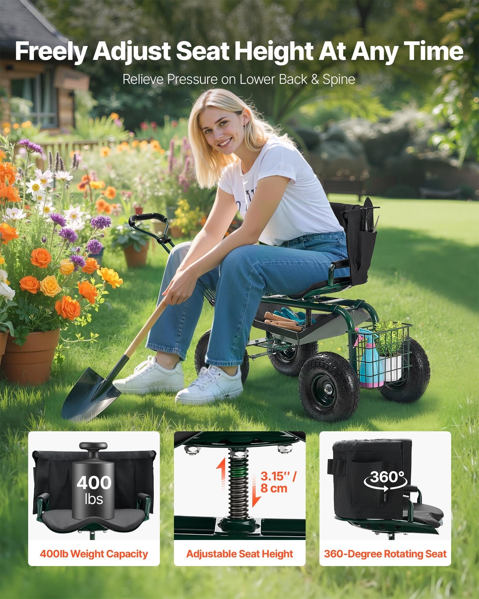 Kitchen & Dining Trolleys: VEVOR Rolling Garden Cart with Swivel Seat Wheels Extendable Handle Storage Box