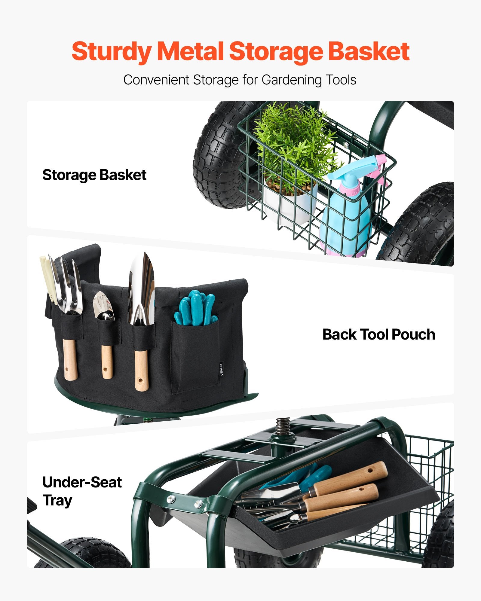 Kitchen & Dining Trolleys: VEVOR Rolling Garden Cart with Swivel Seat Wheels Extendable Handle Storage Box