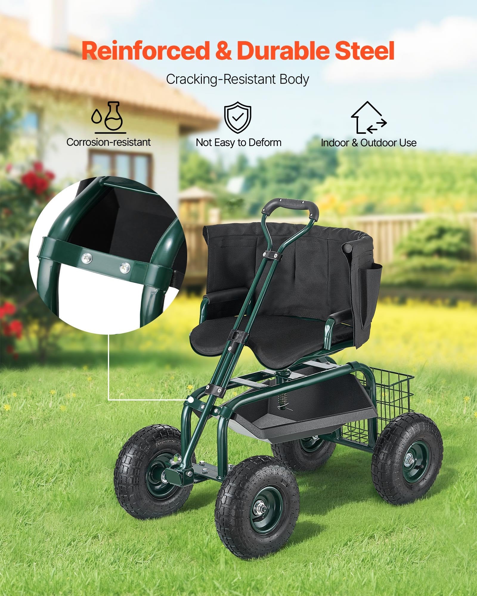 Kitchen & Dining Trolleys: VEVOR Rolling Garden Cart with Swivel Seat Wheels Extendable Handle Storage Box