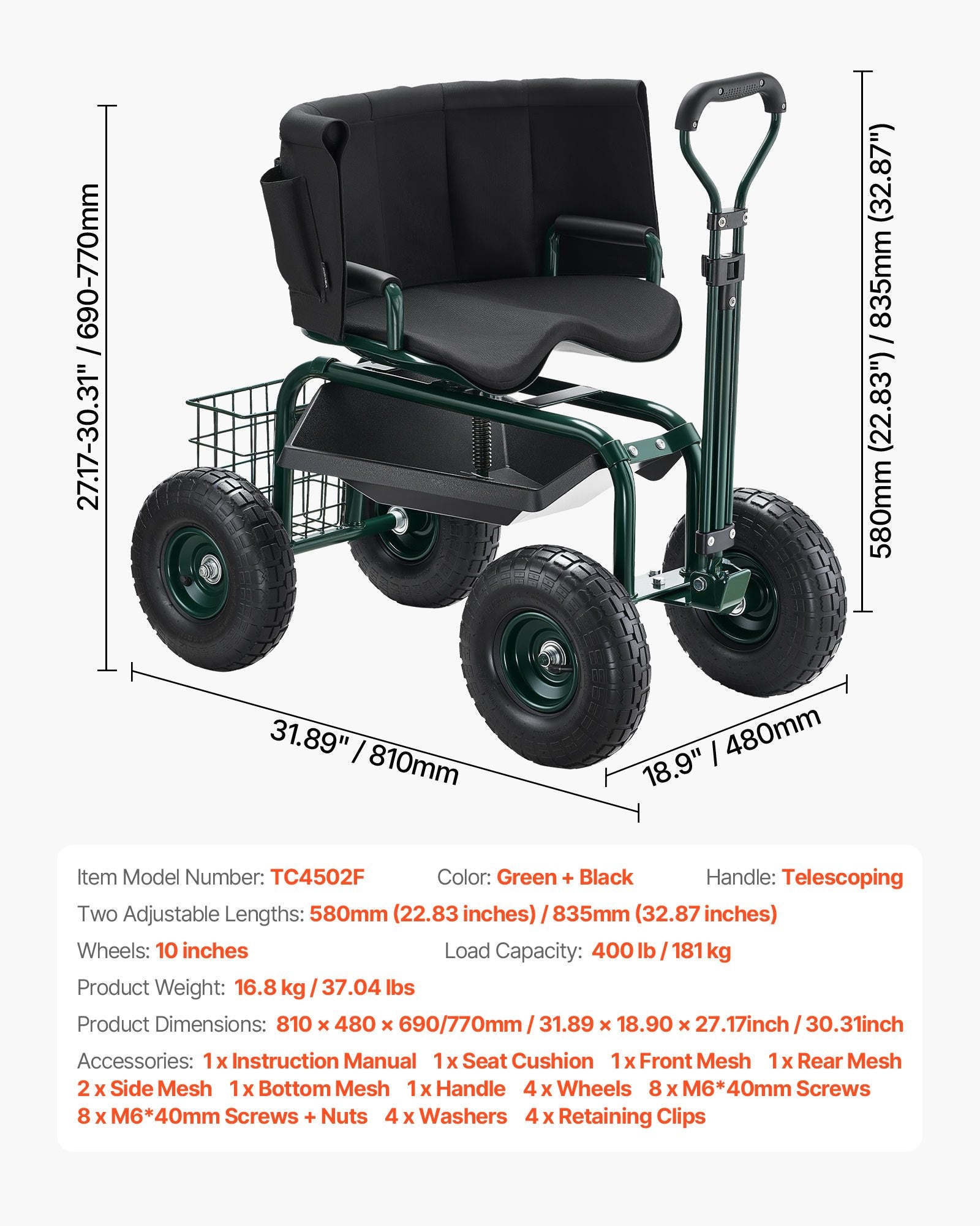 Kitchen & Dining Trolleys: VEVOR Rolling Garden Cart with Swivel Seat Wheels Extendable Handle Storage Box