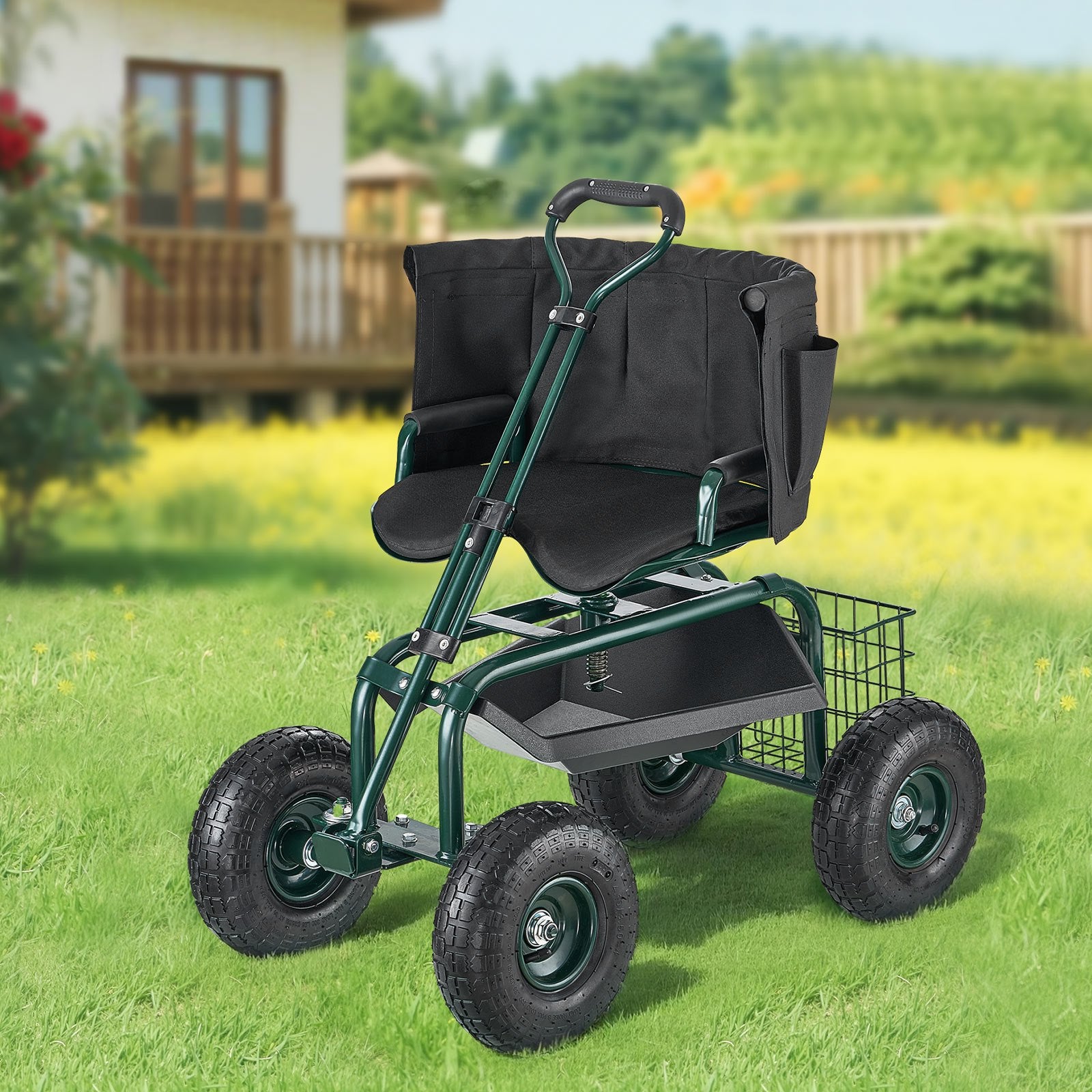 Kitchen & Dining Trolleys: VEVOR Rolling Garden Cart with Swivel Seat Wheels Extendable Handle Storage Box