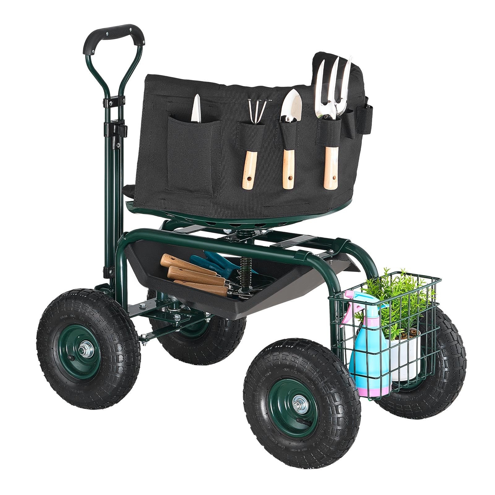 Kitchen & Dining Trolleys: VEVOR Rolling Garden Cart with Swivel Seat Wheels Extendable Handle Storage Box