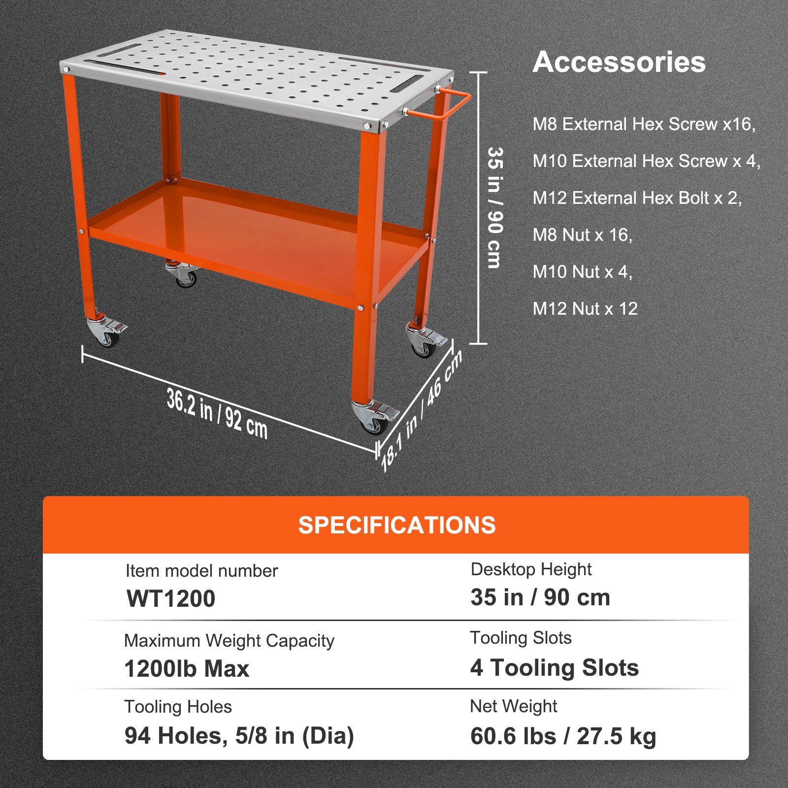 36" x 18" Welding Table, 1200lbs Load Capacity Steel Welding Workbench Table on Wheels, Portable Work Bench with Braking Lockable Casters, 4 Tool Slots, 5/8-inch Fixture Holes, Tool Tray