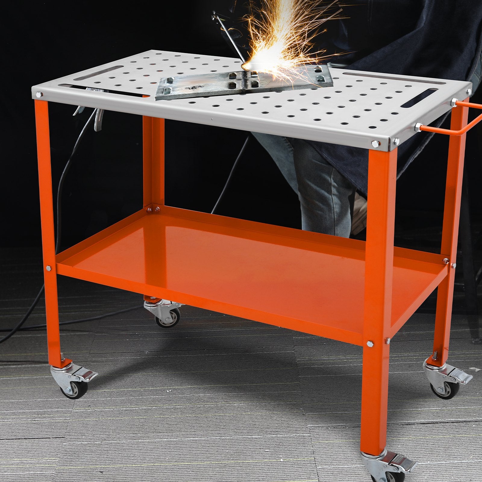 36" x 18" Welding Table, 1200lbs Load Capacity Steel Welding Workbench Table on Wheels, Portable Work Bench with Braking Lockable Casters, 4 Tool Slots, 5/8-inch Fixture Holes, Tool Tray