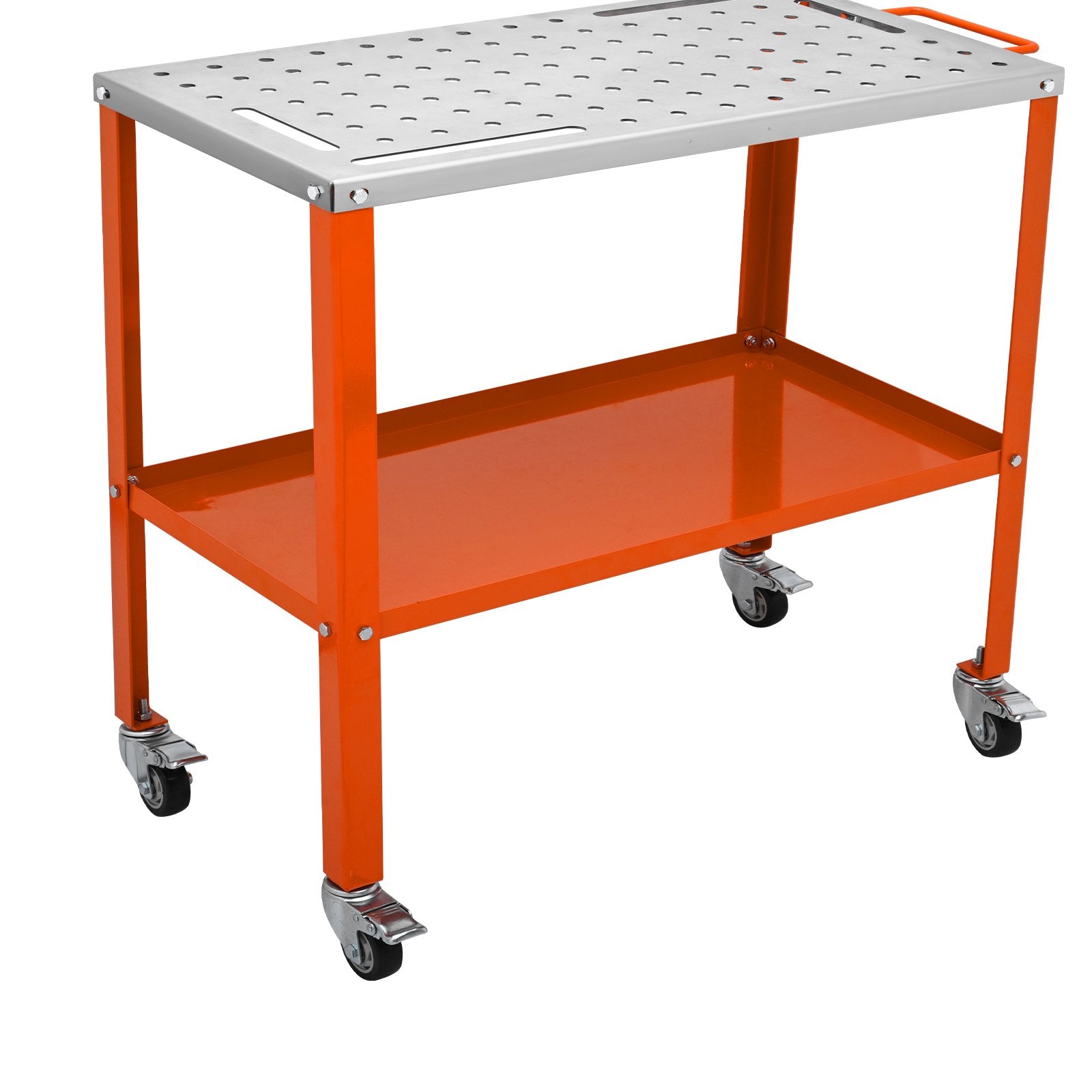 36" x 18" Welding Table, 1200lbs Load Capacity Steel Welding Workbench Table on Wheels, Portable Work Bench with Braking Lockable Casters, 4 Tool Slots, 5/8-inch Fixture Holes, Tool Tray