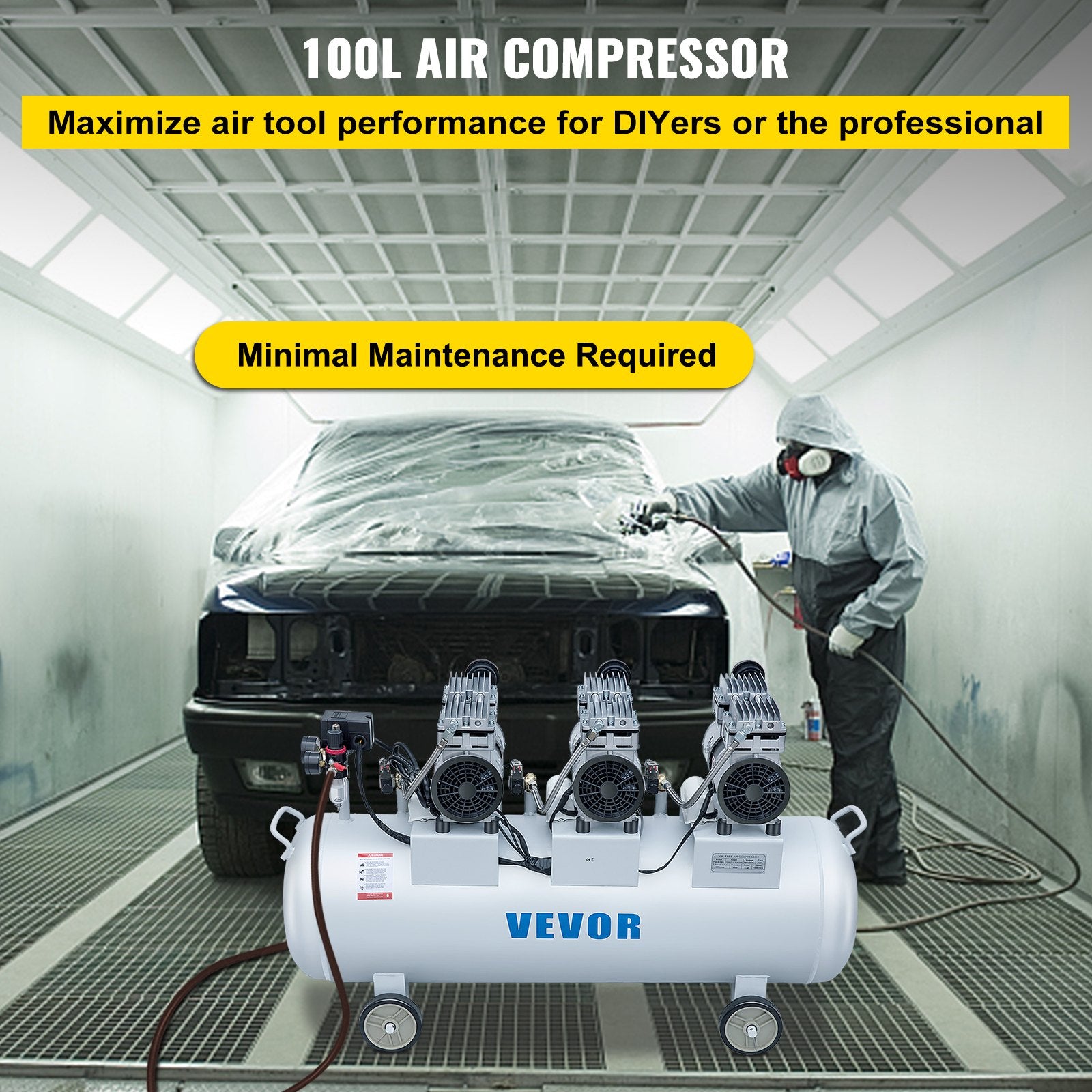 Air Compressors: VEVOR Oil Free Air Compressor Air Compressor Tank 100L 3HP Ultra Silent Inflator