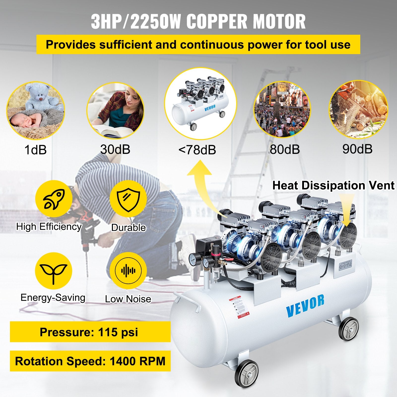 Air Compressors: VEVOR Oil Free Air Compressor Air Compressor Tank 100L 3HP Ultra Silent Inflator