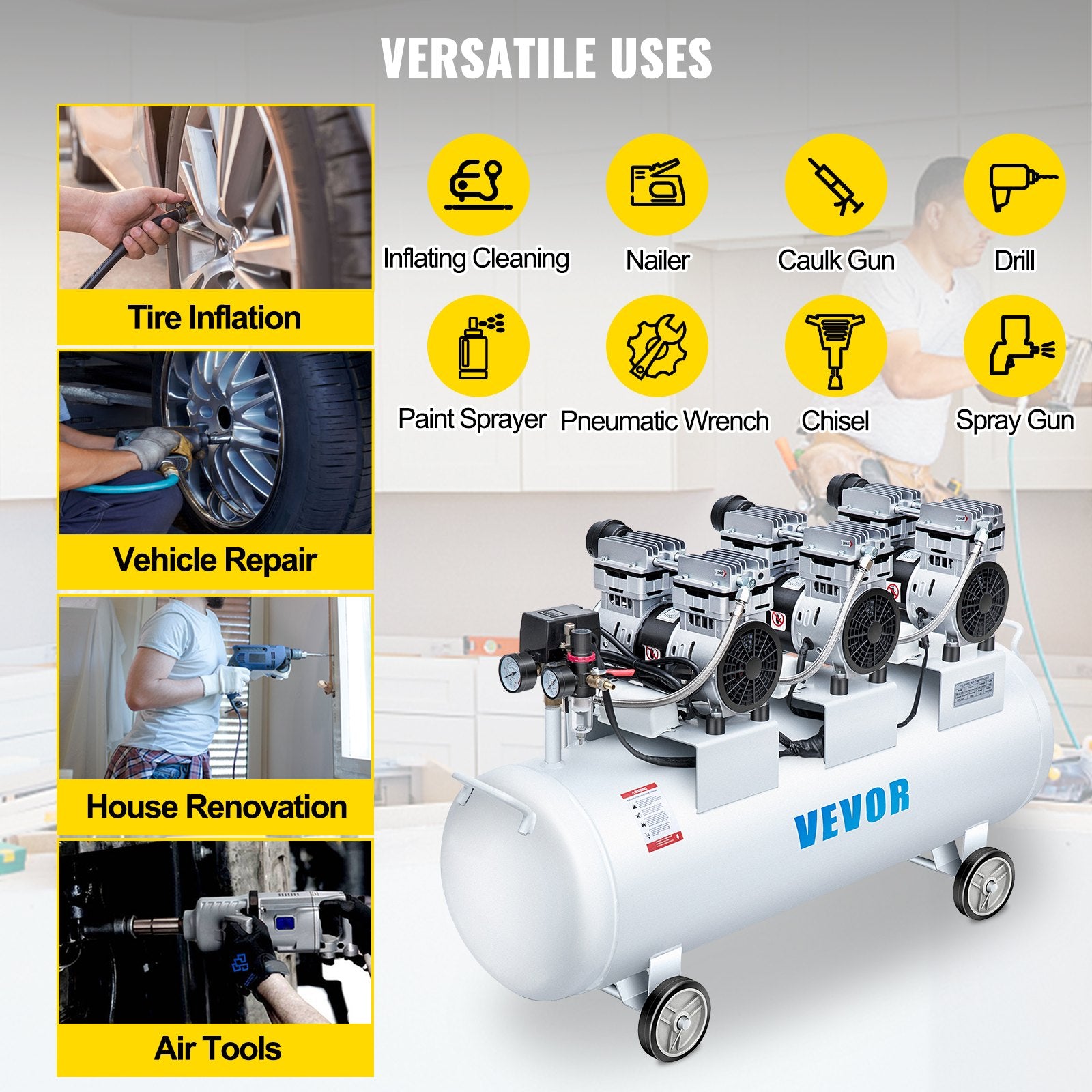 Air Compressors: VEVOR Oil Free Air Compressor Air Compressor Tank 100L 3HP Ultra Silent Inflator