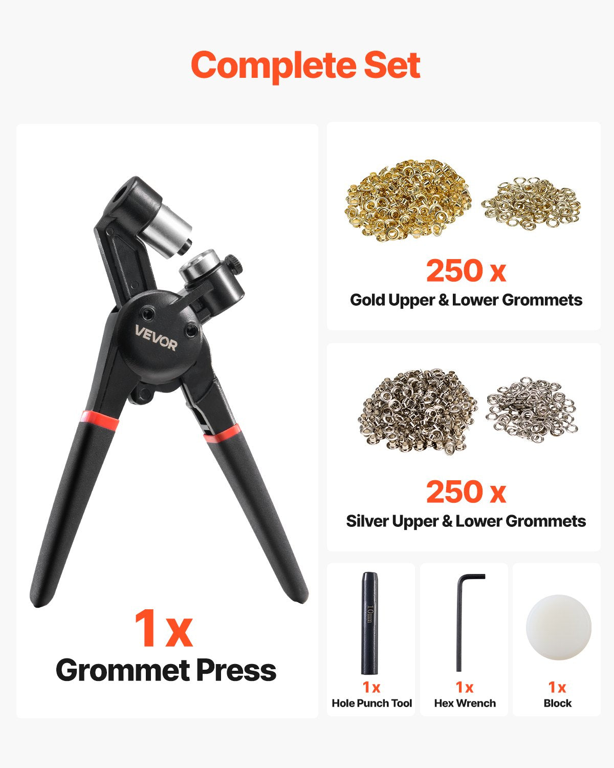 Automotive Repair & Speciality Tools: VEVOR Grommet Tool Kit 500 PCS 10 mm Metal Eyelets Grommets in Gold and Silver