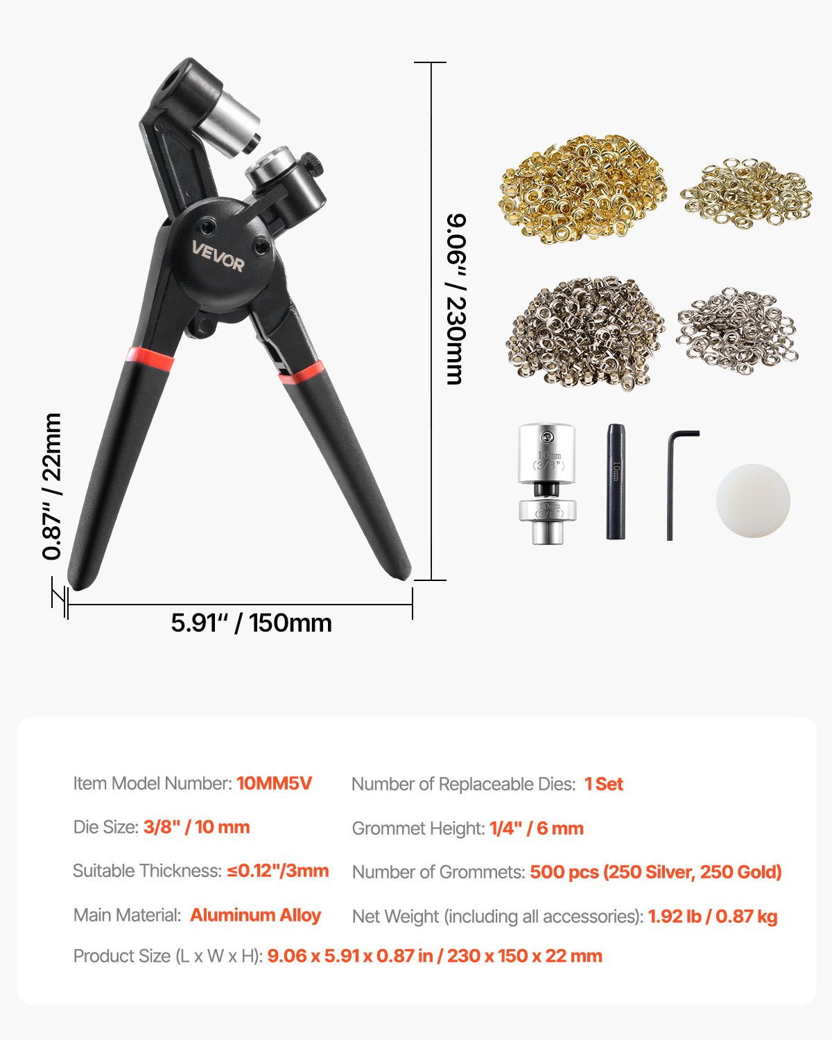 Automotive Repair & Speciality Tools: VEVOR Grommet Tool Kit 500 PCS 10 mm Metal Eyelets Grommets in Gold and Silver