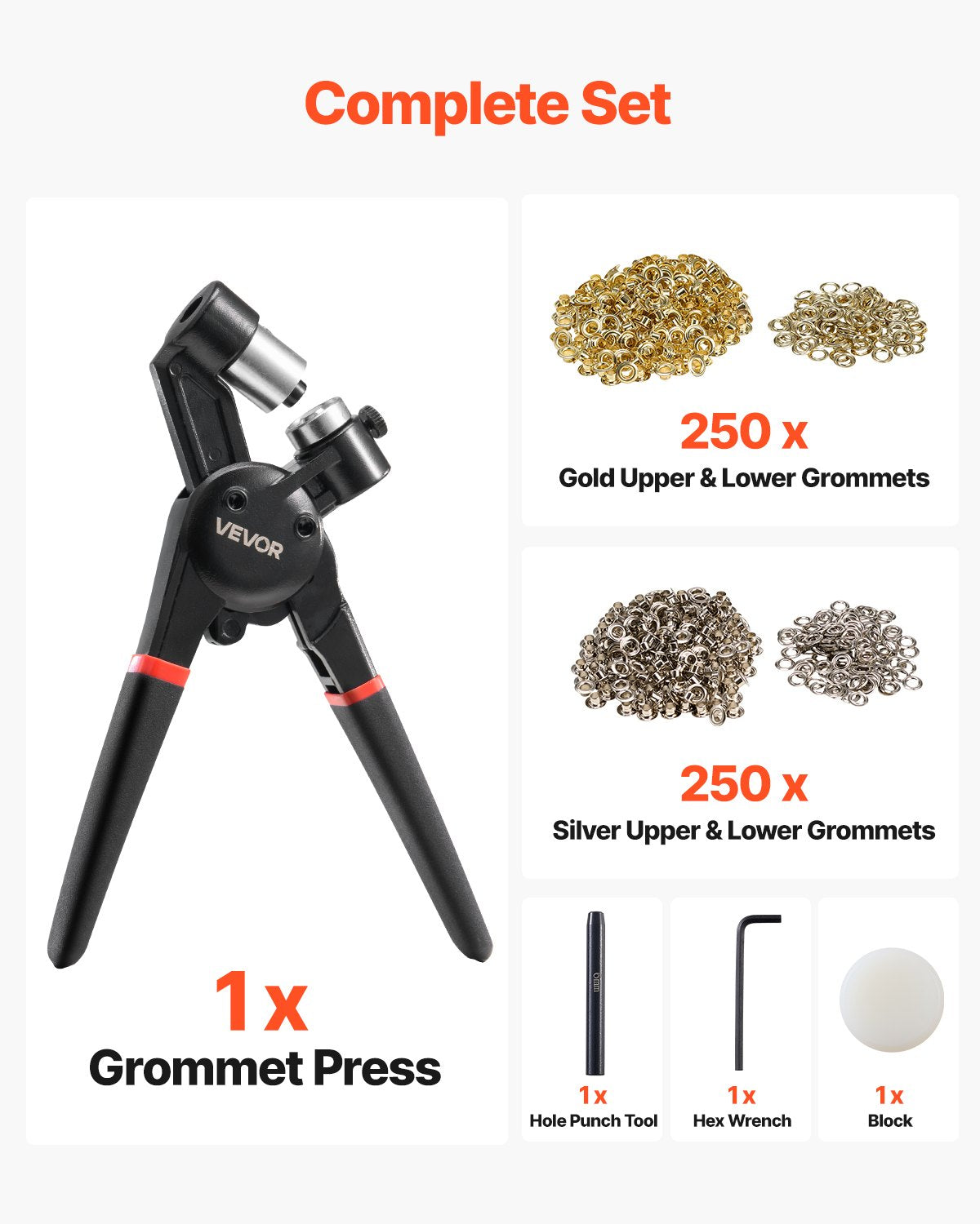 Hand Tools: VEVOR Grommet Tool Kit 500 PCS 6 mm Metal Eyelets Grommets in Gold and Silver