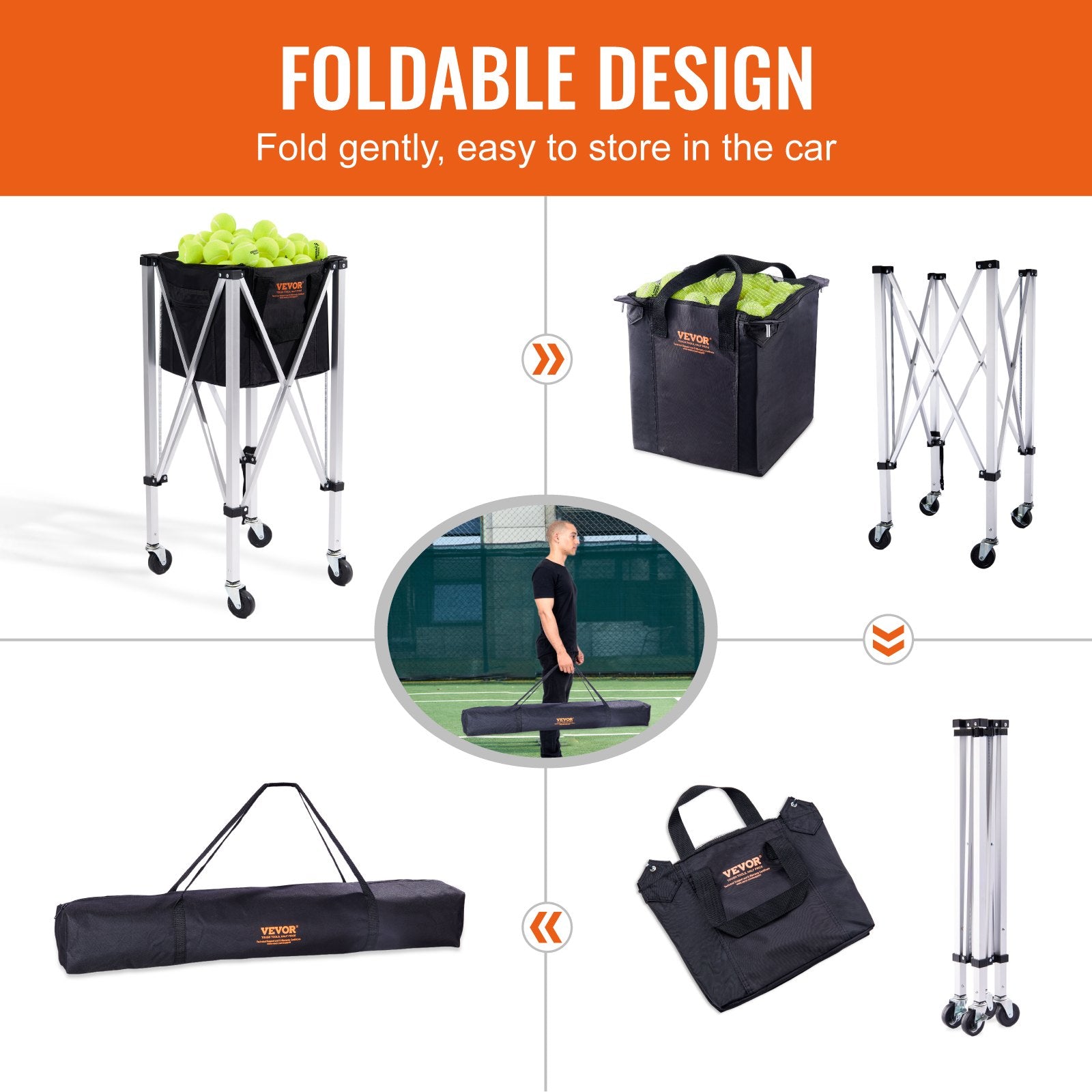 Basketball & Basketball Accessories: VEVOR Foldable Tennis Ball Hopper, Holds 150 Tennis Balls, Lightweight Aluminum Alloy Tennis Ball Basket Cart with Wheels, Removable Bag, Carry Bag, Portable Sports Teaching Cart for Tennis Player