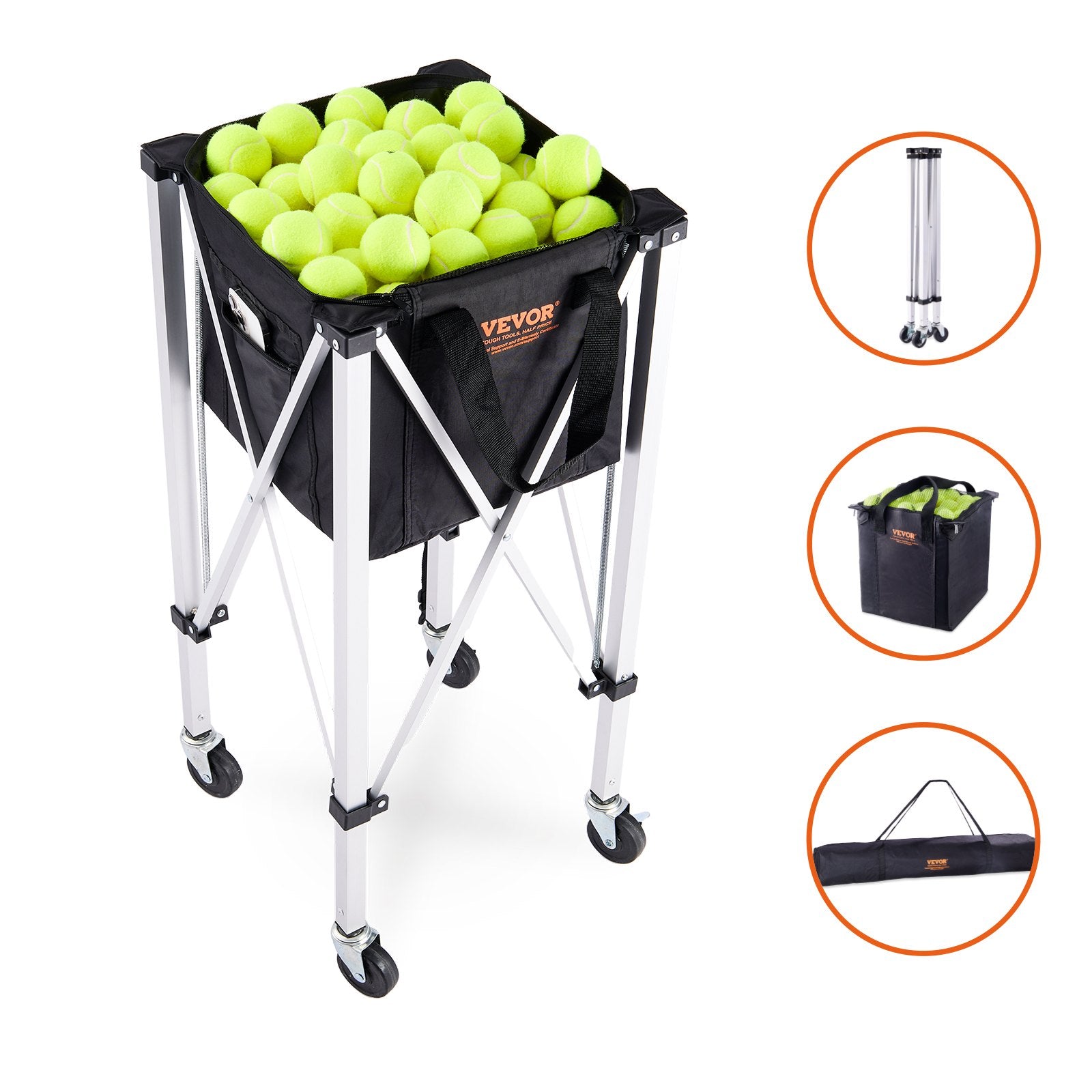 Basketball & Basketball Accessories: VEVOR Foldable Tennis Ball Hopper, Holds 150 Tennis Balls, Lightweight Aluminum Alloy Tennis Ball Basket Cart with Wheels, Removable Bag, Carry Bag, Portable Sports Teaching Cart for Tennis Player
