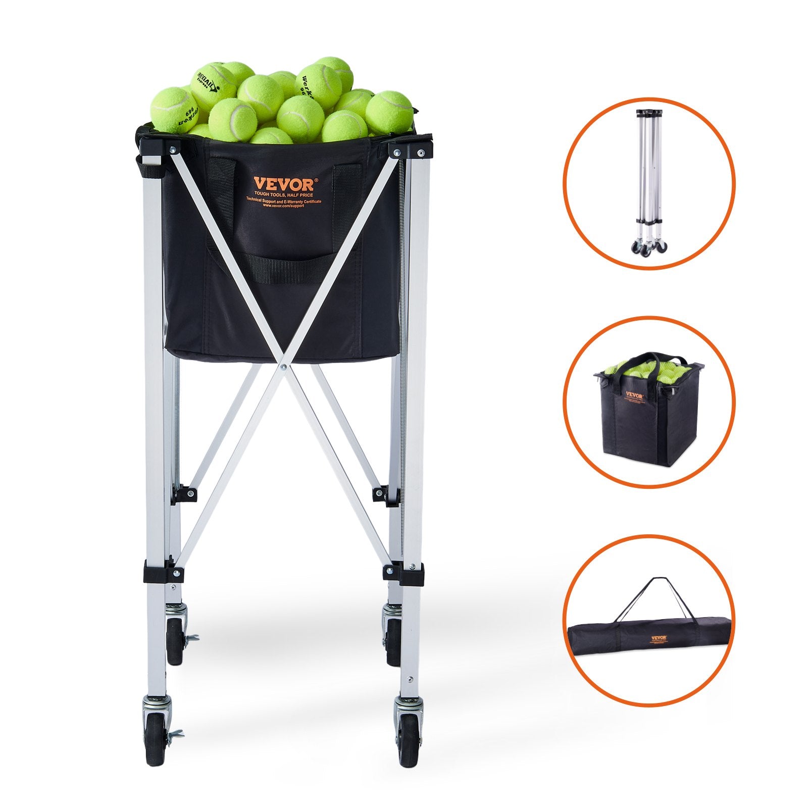 Basketball & Basketball Accessories: VEVOR Foldable Tennis Ball Hopper, Holds 150 Tennis Balls, Lightweight Aluminum Alloy Tennis Ball Basket Cart with Wheels, Removable Bag, Carry Bag, Portable Sports Teaching Cart for Tennis Player