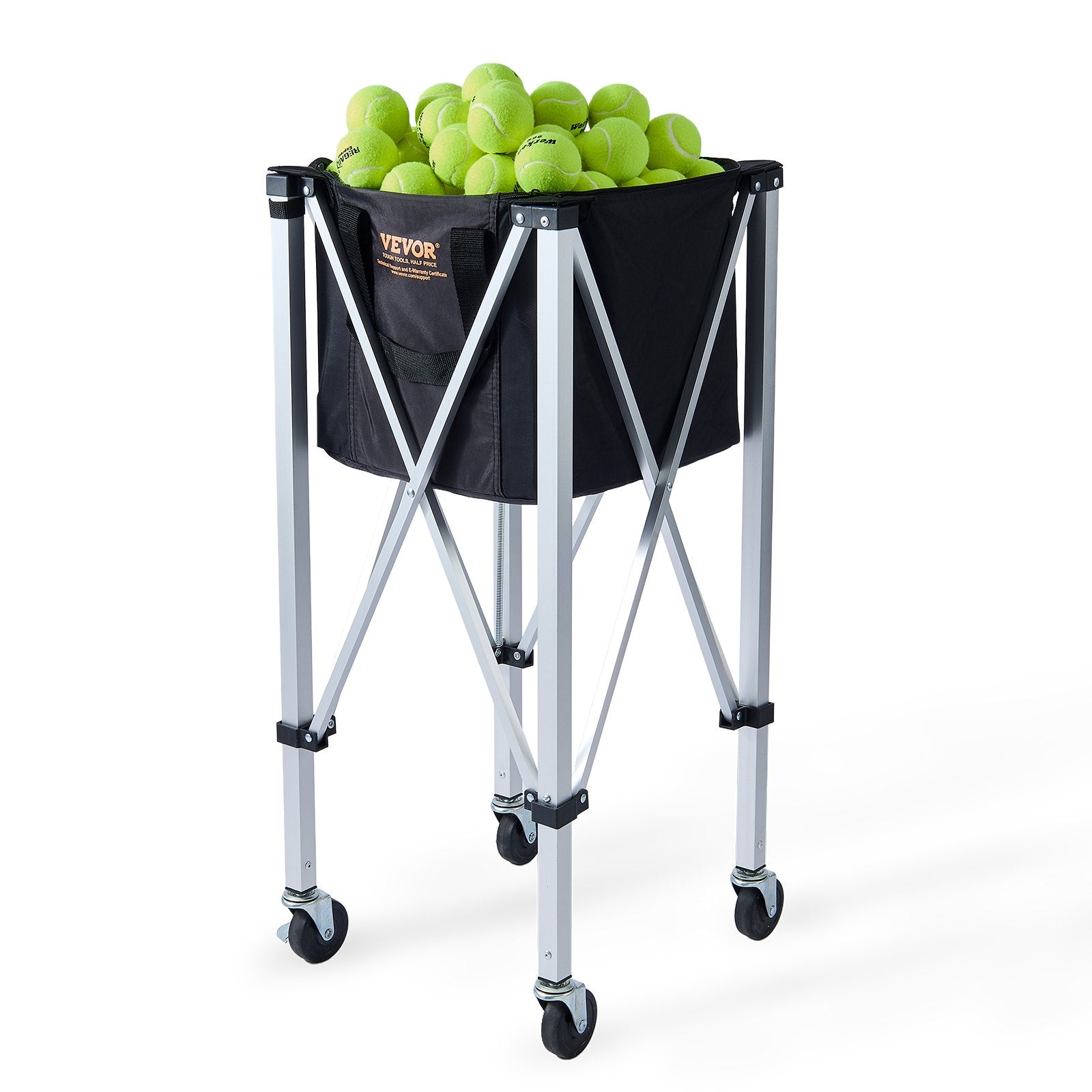 Basketball & Basketball Accessories: VEVOR Foldable Tennis Ball Hopper, Holds 150 Tennis Balls, Lightweight Aluminum Alloy Tennis Ball Basket Cart with Wheels, Removable Bag, Carry Bag, Portable Sports Teaching Cart for Tennis Player