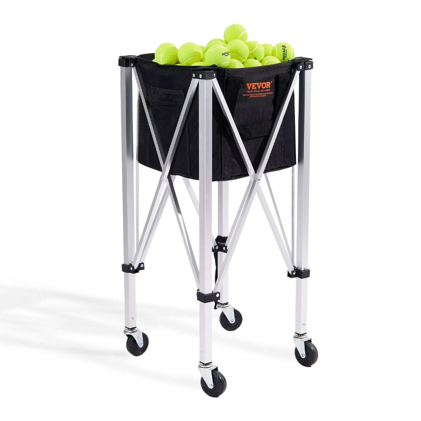 Table Tennis: VEVOR Foldable Tennis Ball Hopper, Holds 180 Tennis Balls, Lightweight Aluminum Alloy Tennis Ball Basket Cart with Wheels, Removable Bag, Carry Bag, Portable Sports Teaching Cart for Tennis Player