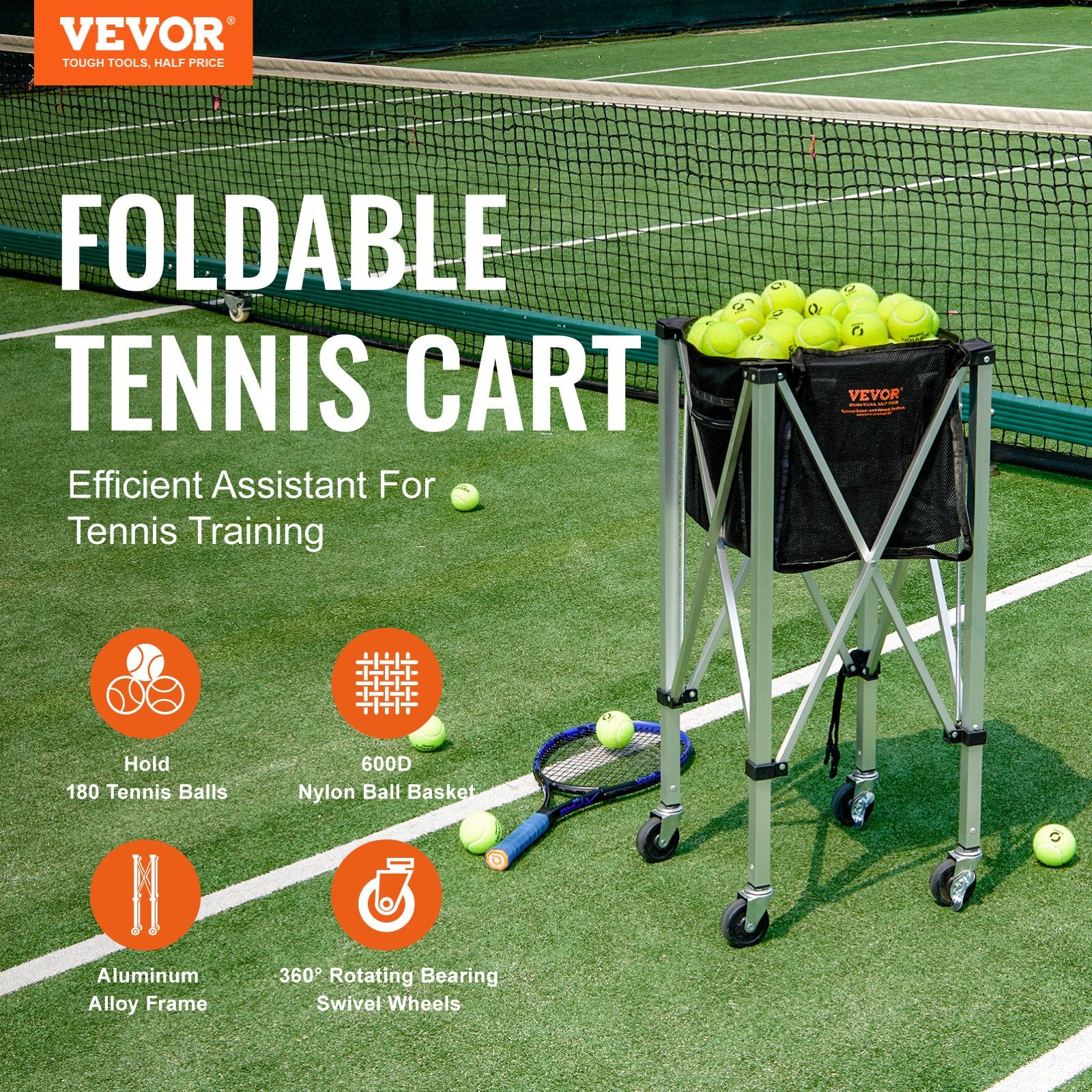 Table Tennis: VEVOR Foldable Tennis Ball Hopper, Holds 180 Tennis Balls, Lightweight Aluminum Alloy Tennis Ball Basket Cart with Wheels, Removable Bag, Carry Bag, Portable Sports Teaching Cart for Tennis Player