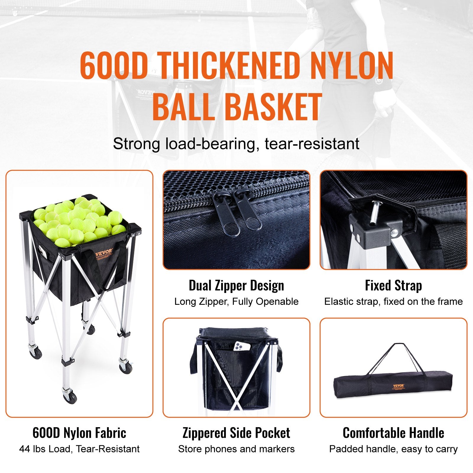 Table Tennis: VEVOR Foldable Tennis Ball Hopper, Holds 180 Tennis Balls, Lightweight Aluminum Alloy Tennis Ball Basket Cart with Wheels, Removable Bag, Carry Bag, Portable Sports Teaching Cart for Tennis Player