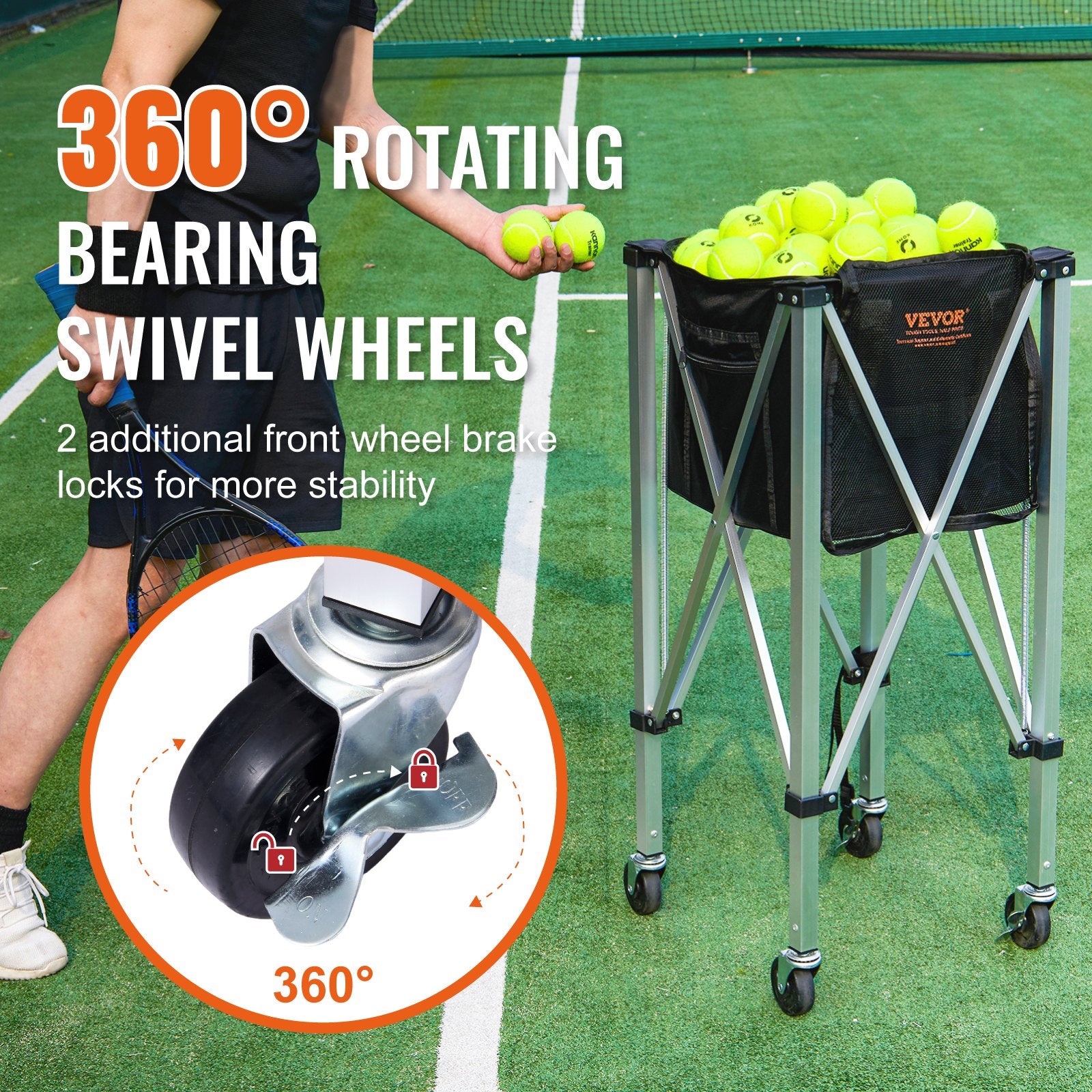 Table Tennis: VEVOR Foldable Tennis Ball Hopper, Holds 180 Tennis Balls, Lightweight Aluminum Alloy Tennis Ball Basket Cart with Wheels, Removable Bag, Carry Bag, Portable Sports Teaching Cart for Tennis Player