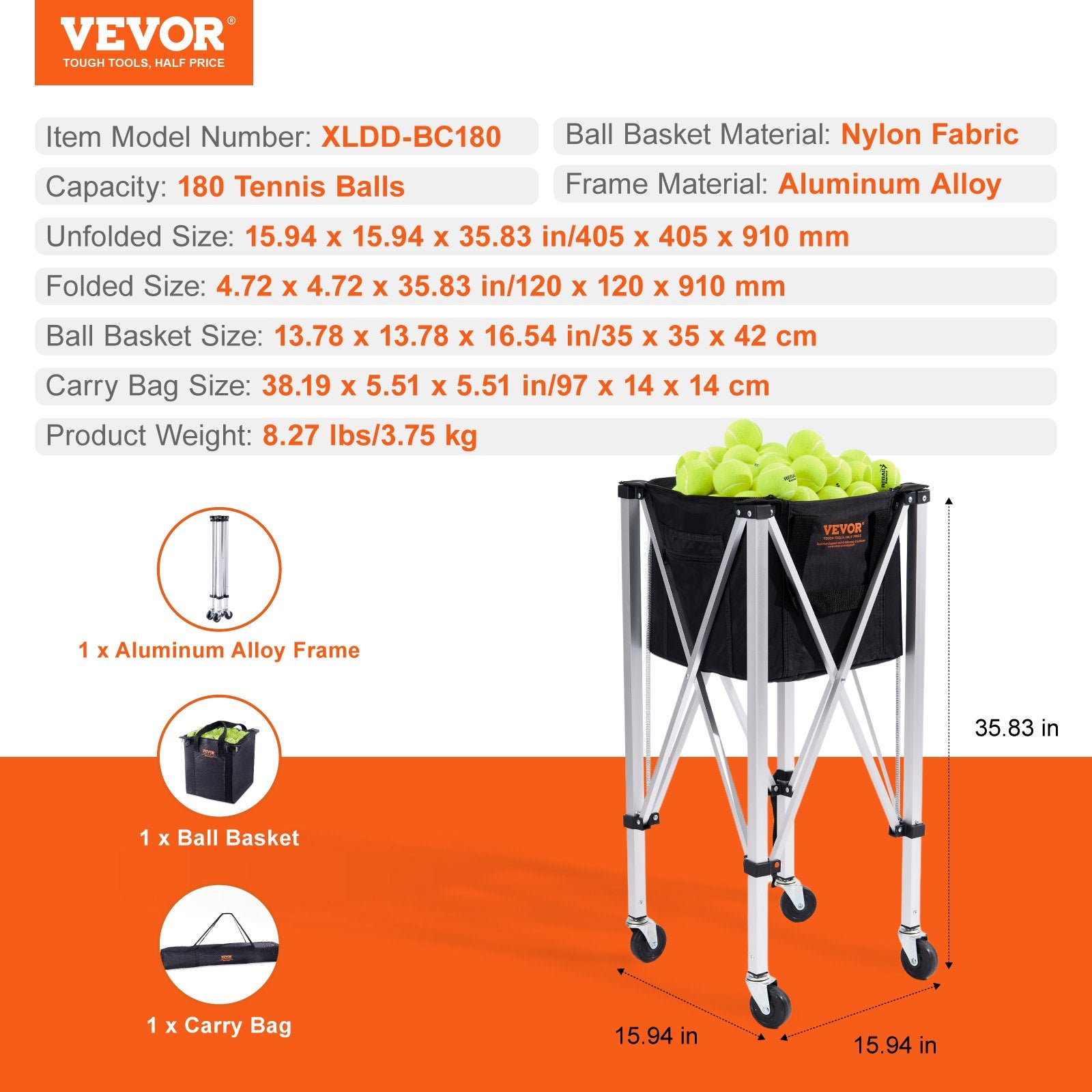 Table Tennis: VEVOR Foldable Tennis Ball Hopper, Holds 180 Tennis Balls, Lightweight Aluminum Alloy Tennis Ball Basket Cart with Wheels, Removable Bag, Carry Bag, Portable Sports Teaching Cart for Tennis Player