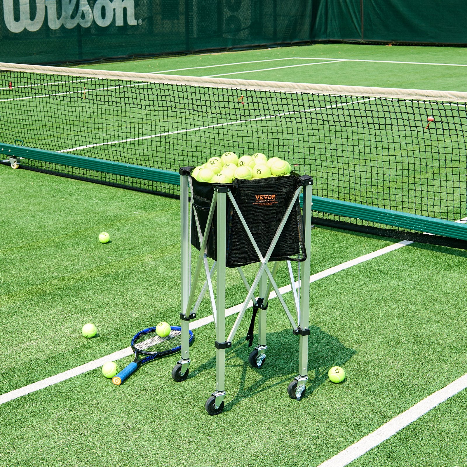 Table Tennis: VEVOR Foldable Tennis Ball Hopper, Holds 180 Tennis Balls, Lightweight Aluminum Alloy Tennis Ball Basket Cart with Wheels, Removable Bag, Carry Bag, Portable Sports Teaching Cart for Tennis Player