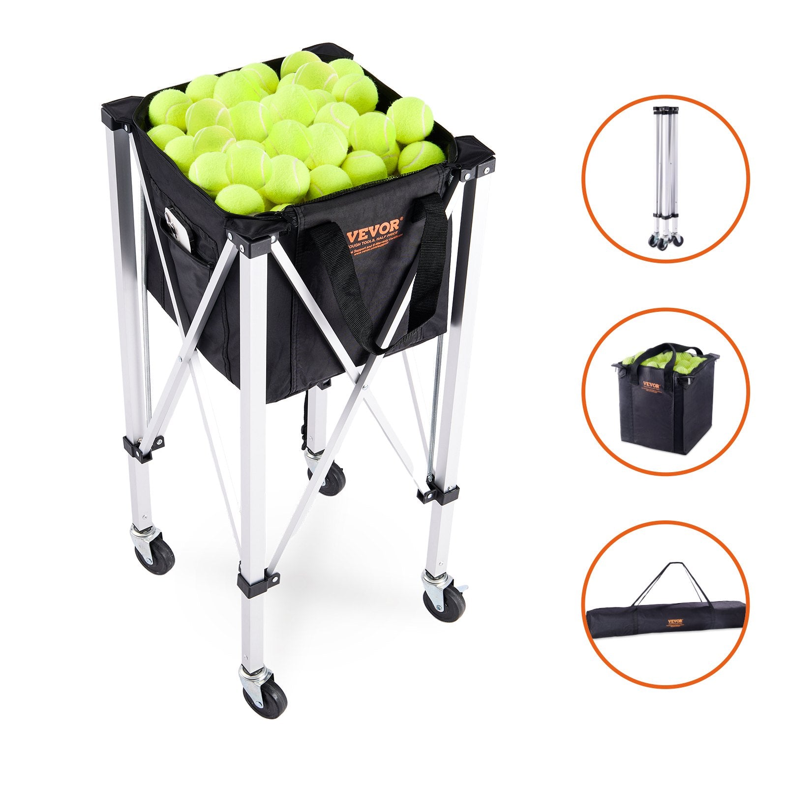 Table Tennis: VEVOR Foldable Tennis Ball Hopper, Holds 180 Tennis Balls, Lightweight Aluminum Alloy Tennis Ball Basket Cart with Wheels, Removable Bag, Carry Bag, Portable Sports Teaching Cart for Tennis Player