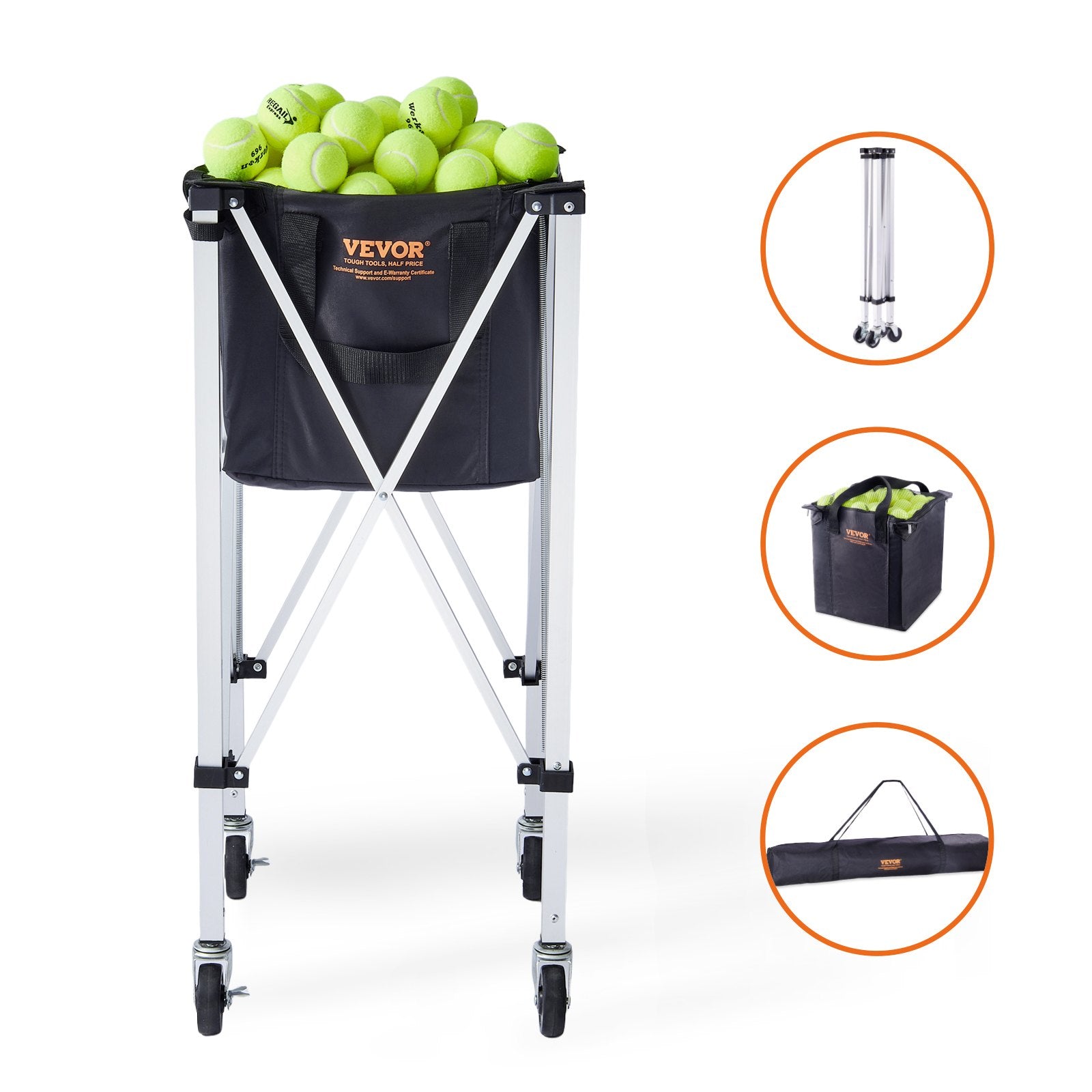 Table Tennis: VEVOR Foldable Tennis Ball Hopper, Holds 180 Tennis Balls, Lightweight Aluminum Alloy Tennis Ball Basket Cart with Wheels, Removable Bag, Carry Bag, Portable Sports Teaching Cart for Tennis Player