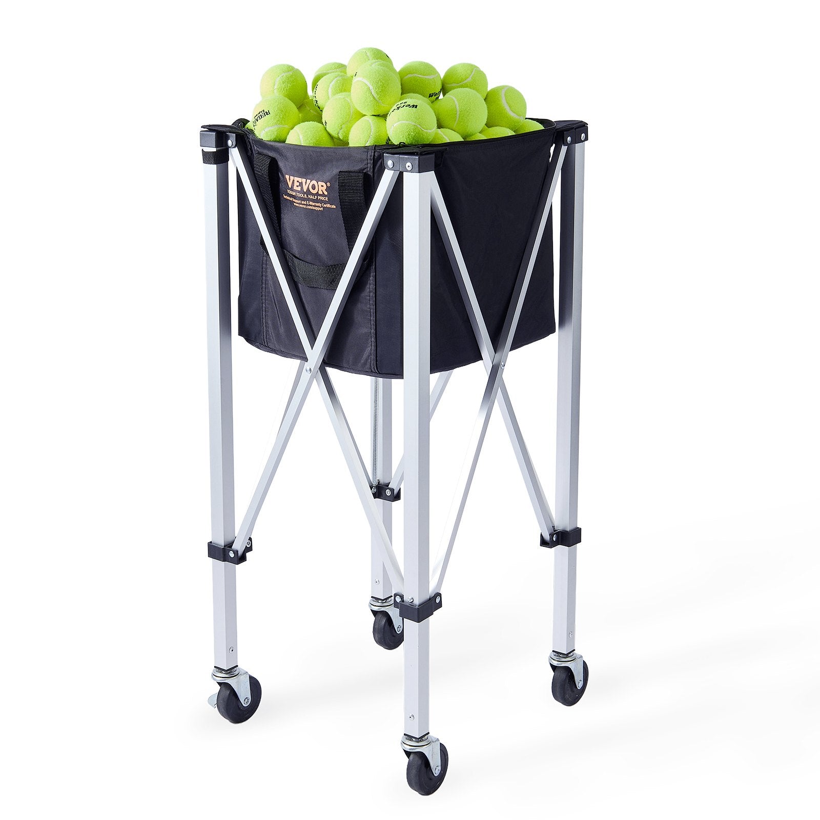 Table Tennis: VEVOR Foldable Tennis Ball Hopper, Holds 180 Tennis Balls, Lightweight Aluminum Alloy Tennis Ball Basket Cart with Wheels, Removable Bag, Carry Bag, Portable Sports Teaching Cart for Tennis Player