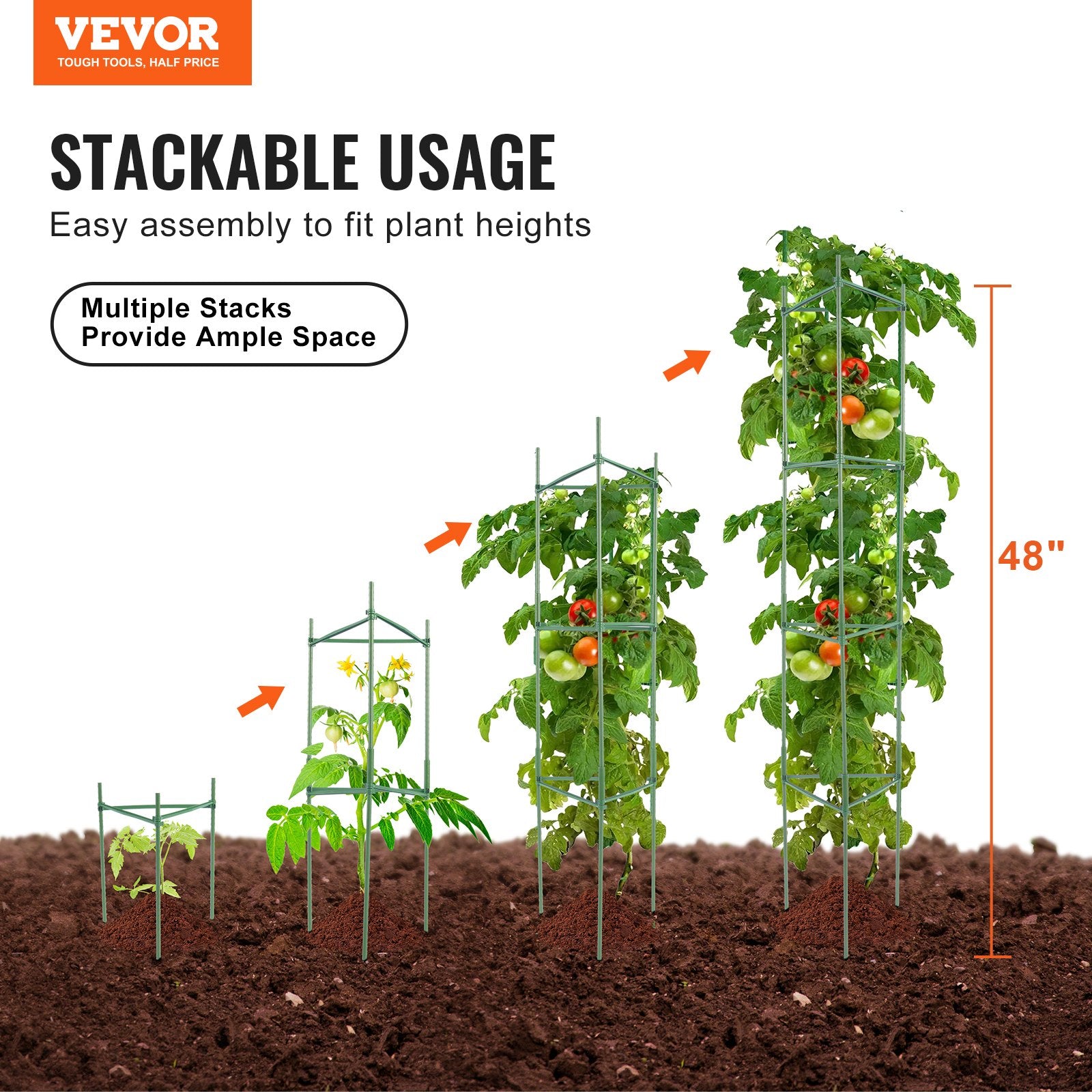 Gardening Tools: VEVOR 6 Packs Tomato Cages for Garden, 1230 mm Tomato Trellis Plant Stakes Support, Stackable Tall Plant Support Cage, for Raised Garden Bed, Vegetables Flowers and Climbing Plants