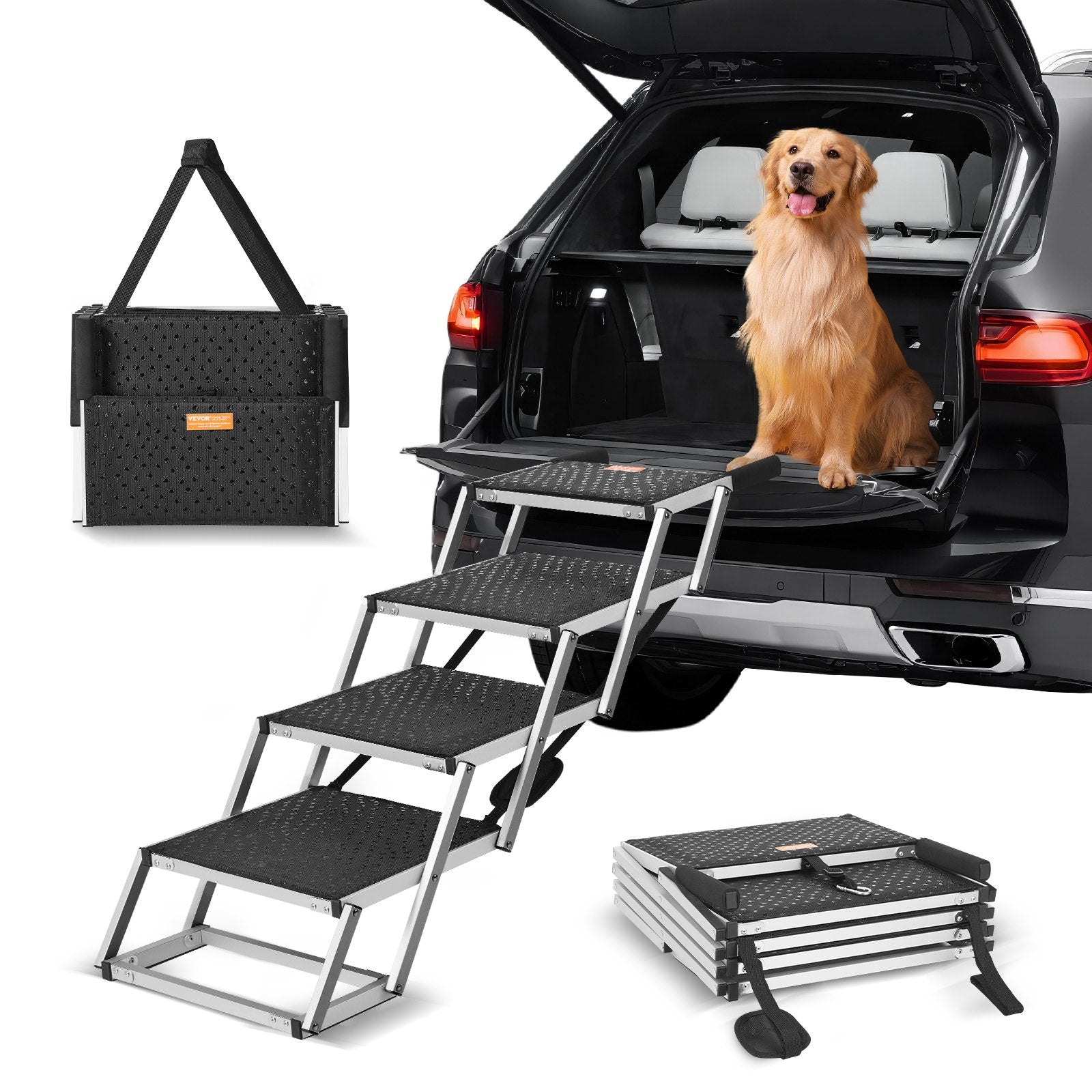 Dog Steps & Ramps: VEVOR Dog Stair for Cars 4-step Folding Dog Steps Aluminum Loads up to 150 lbs, Foldable 24-25.4 in Adjustable Height