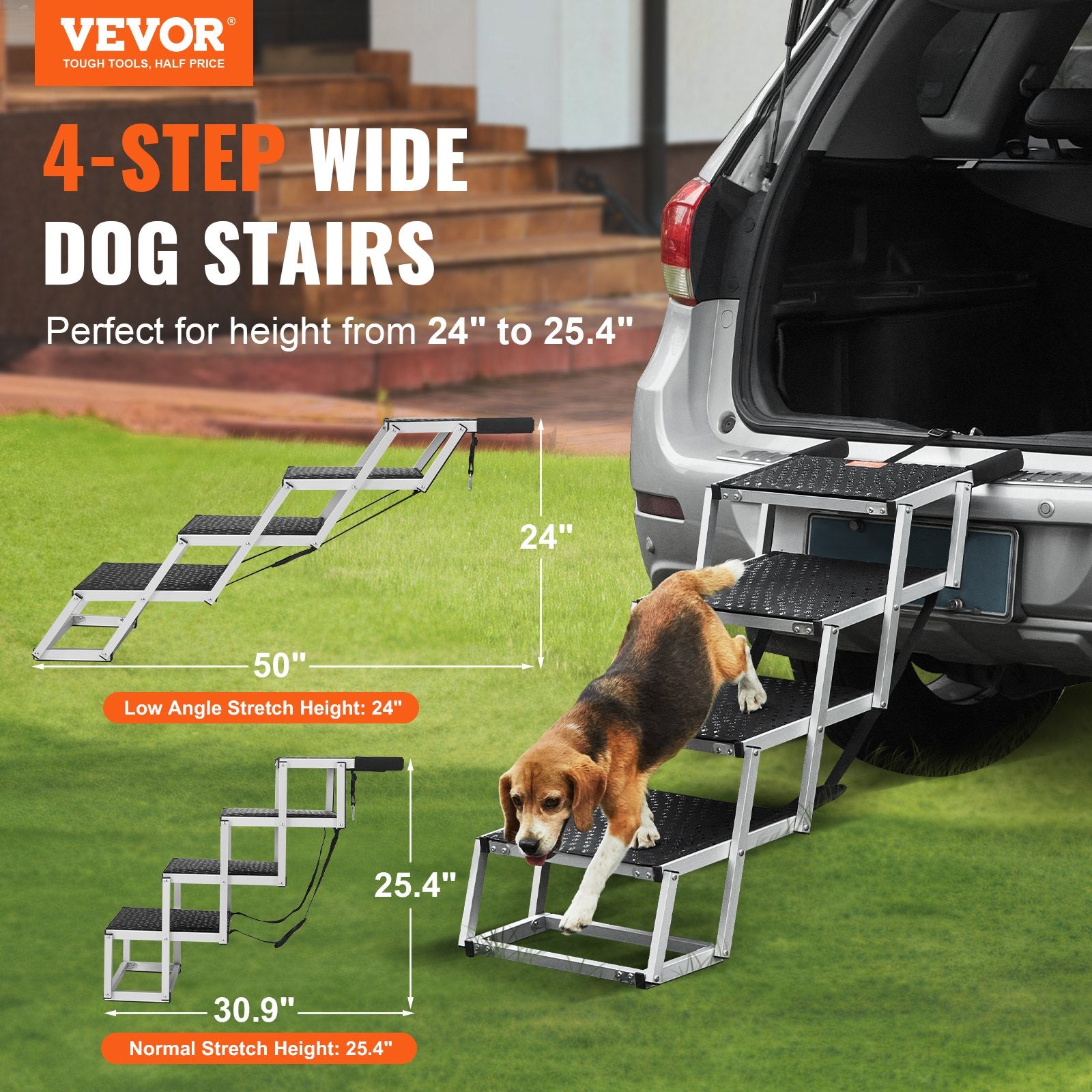 Dog Steps & Ramps: VEVOR Dog Stair for Cars 4-step Folding Dog Steps Aluminum Loads up to 150 lbs, Foldable 24-25.4 in Adjustable Height