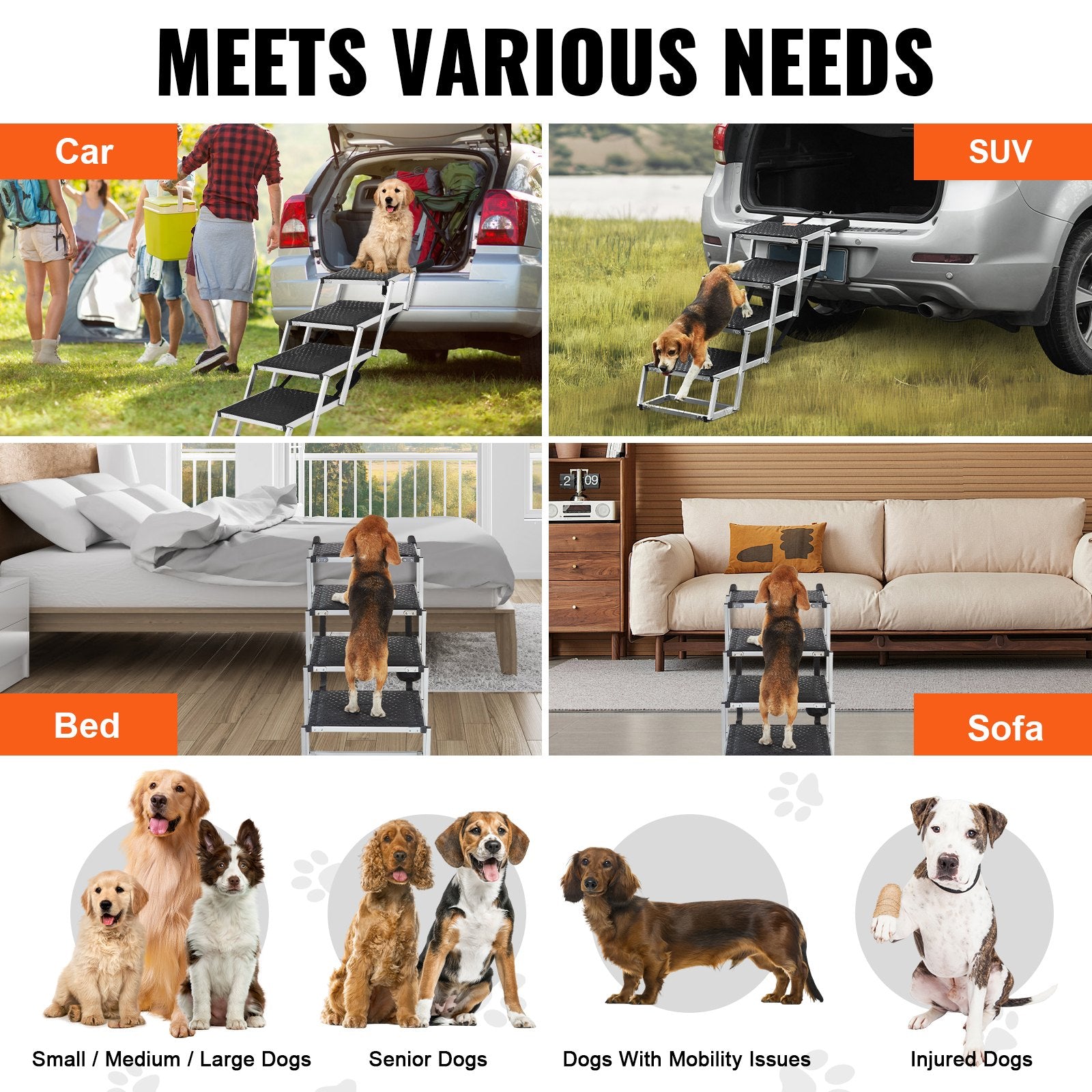 Dog Steps & Ramps: VEVOR Dog Stair for Cars 4-step Folding Dog Steps Aluminum Loads up to 150 lbs, Foldable 24-25.4 in Adjustable Height