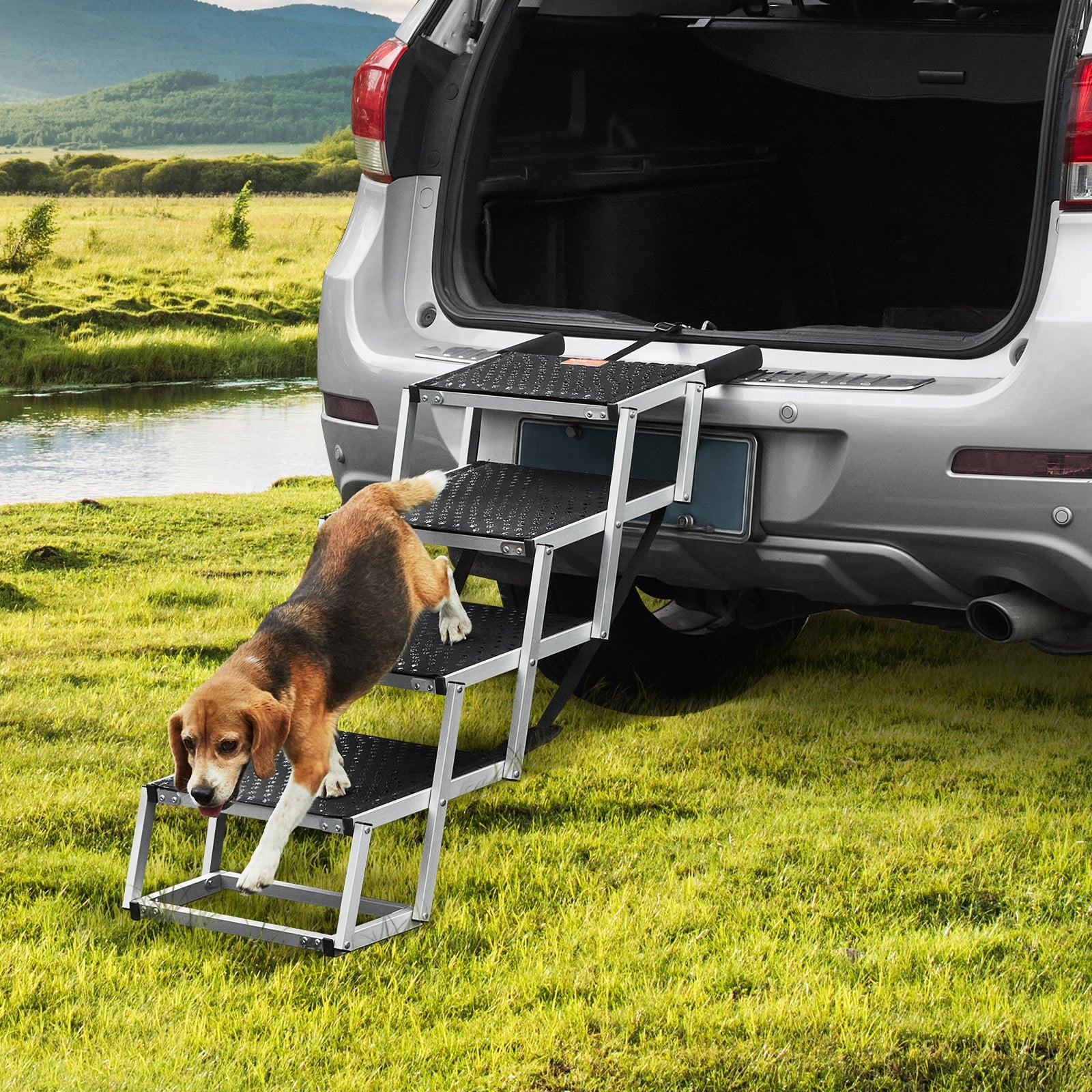 Dog Steps & Ramps: VEVOR Dog Stair for Cars 4-step Folding Dog Steps Aluminum Loads up to 150 lbs, Foldable 24-25.4 in Adjustable Height