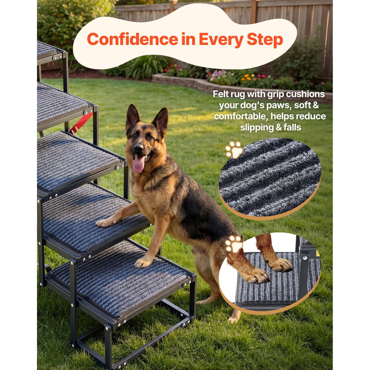 Dog Stairs for Car, 5 Steps Extra Wide Foldable Dog Ramp for Large Dogs with Non-Slip Rug Surface, Portable Lightweight Pet Ladder for Car, SUV, Truck, High Beds, Sofas, Support up to 91 kg