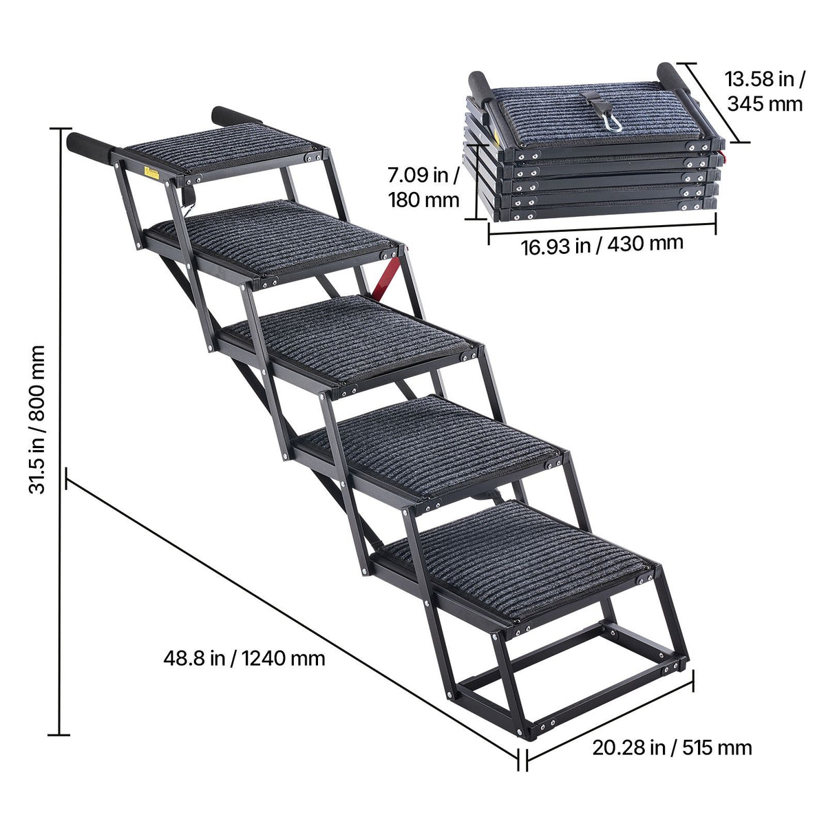 Dog Stairs for Car, 5 Steps Extra Wide Foldable Dog Ramp for Large Dogs with Non-Slip Rug Surface, Portable Lightweight Pet Ladder for Car, SUV, Truck, High Beds, Sofas, Support up to 91 kg
