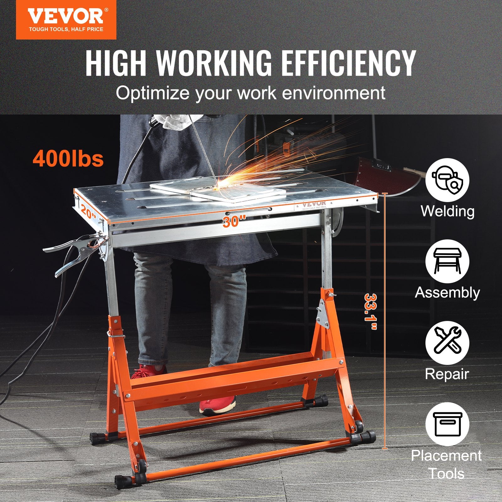 Tool Sockets: VEVOR Welding Table 30" x 20", 400lbs Load Capacity Steel Welding Workbench Table on Wheels, Folding Work Bench with Three 1.1" Slot, 3 Tilt Angles, Adjustable Height, Retractable Guide Rails