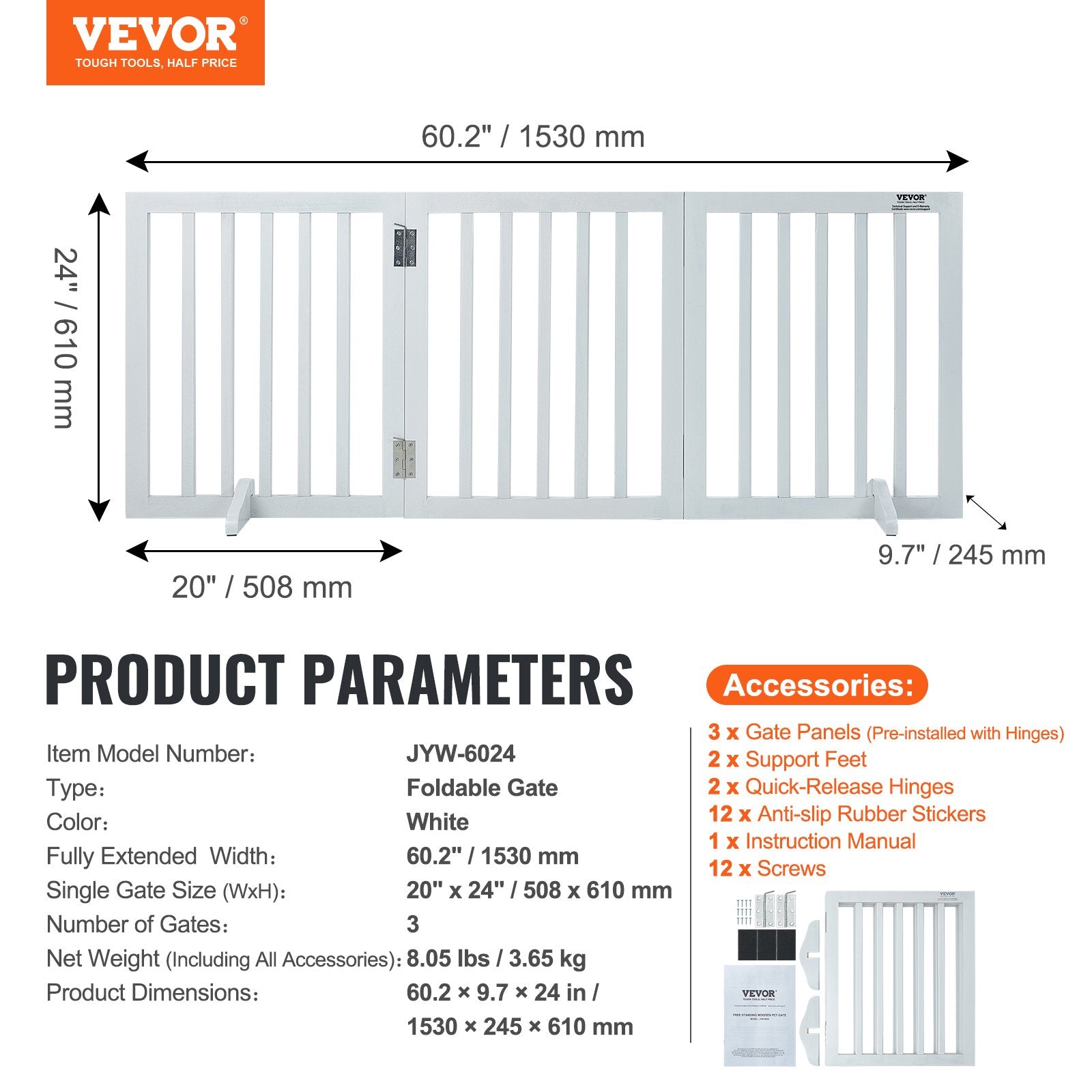 Cat & Dog Flaps: VEVOR Free Standing Dog Gate, 24" H x 60" W Freestanding Pet Gate, 3 Panels Foldable Dog Gate for Wide and Narrow Passageways, Expandable Dog Barrier with Silent Foot Support for Indoor, White
