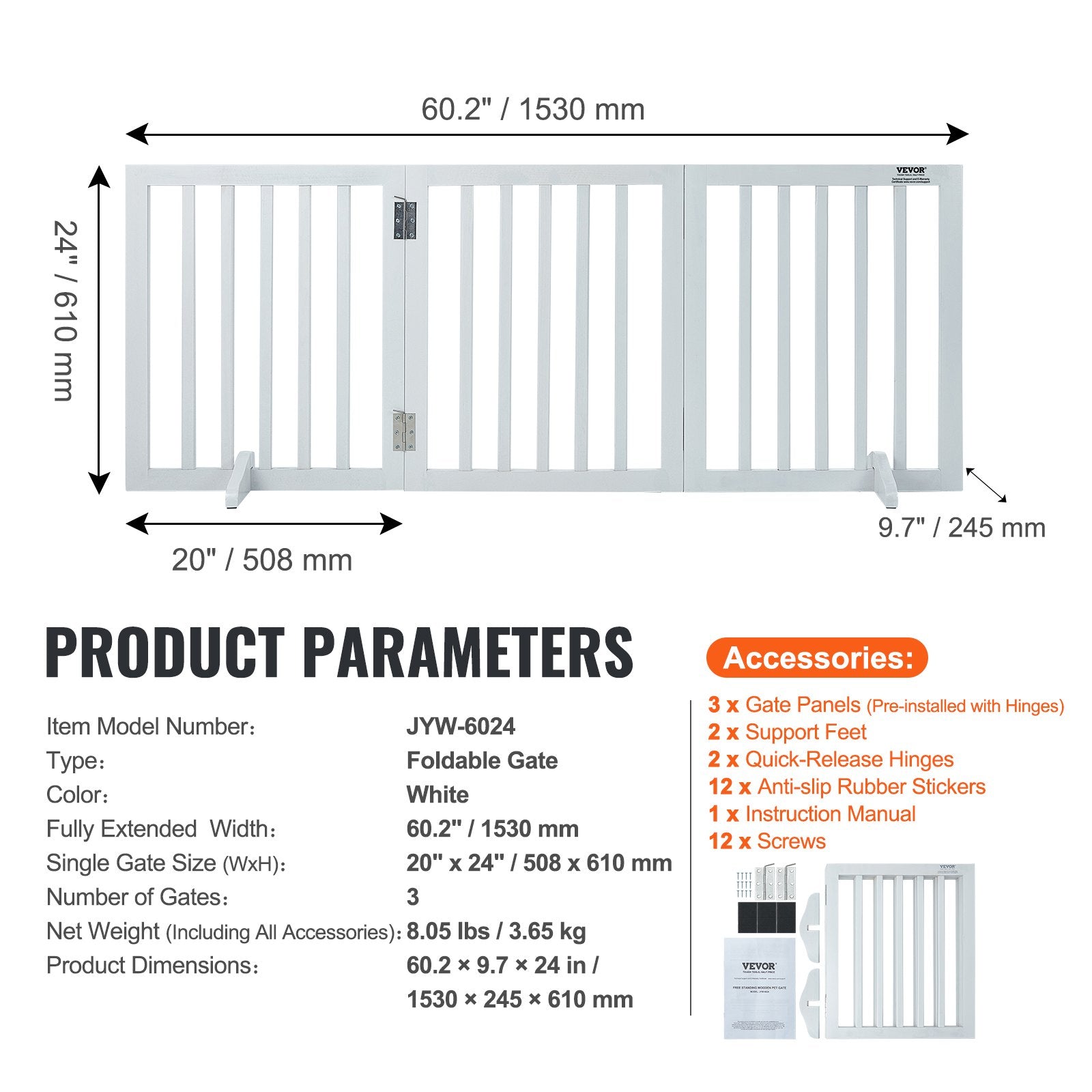Cat & Dog Flaps: VEVOR Free Standing Dog Gate, 24" H x 60" W Freestanding Pet Gate, 3 Panels Foldable Dog Gate for Wide and Narrow Passageways, Expandable Dog Barrier with Silent Foot Support for Indoor, White