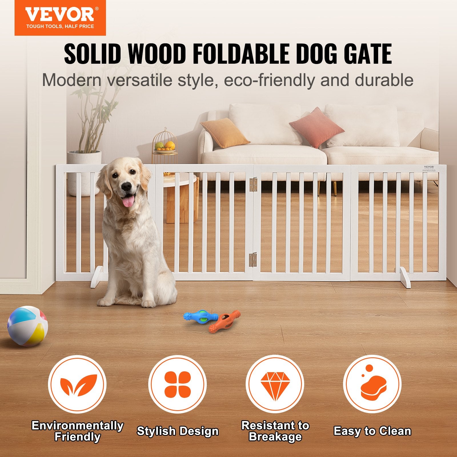 Dog Playpens & Gates: VEVOR Free Standing Dog Gate, 24" H x 80.3" W Freestanding Pet Gate, 4 Panels Foldable Dog Gate for Wide and Narrow Passageways, Expandable Dog Barrier with Silent Foot Support for Indoor, White