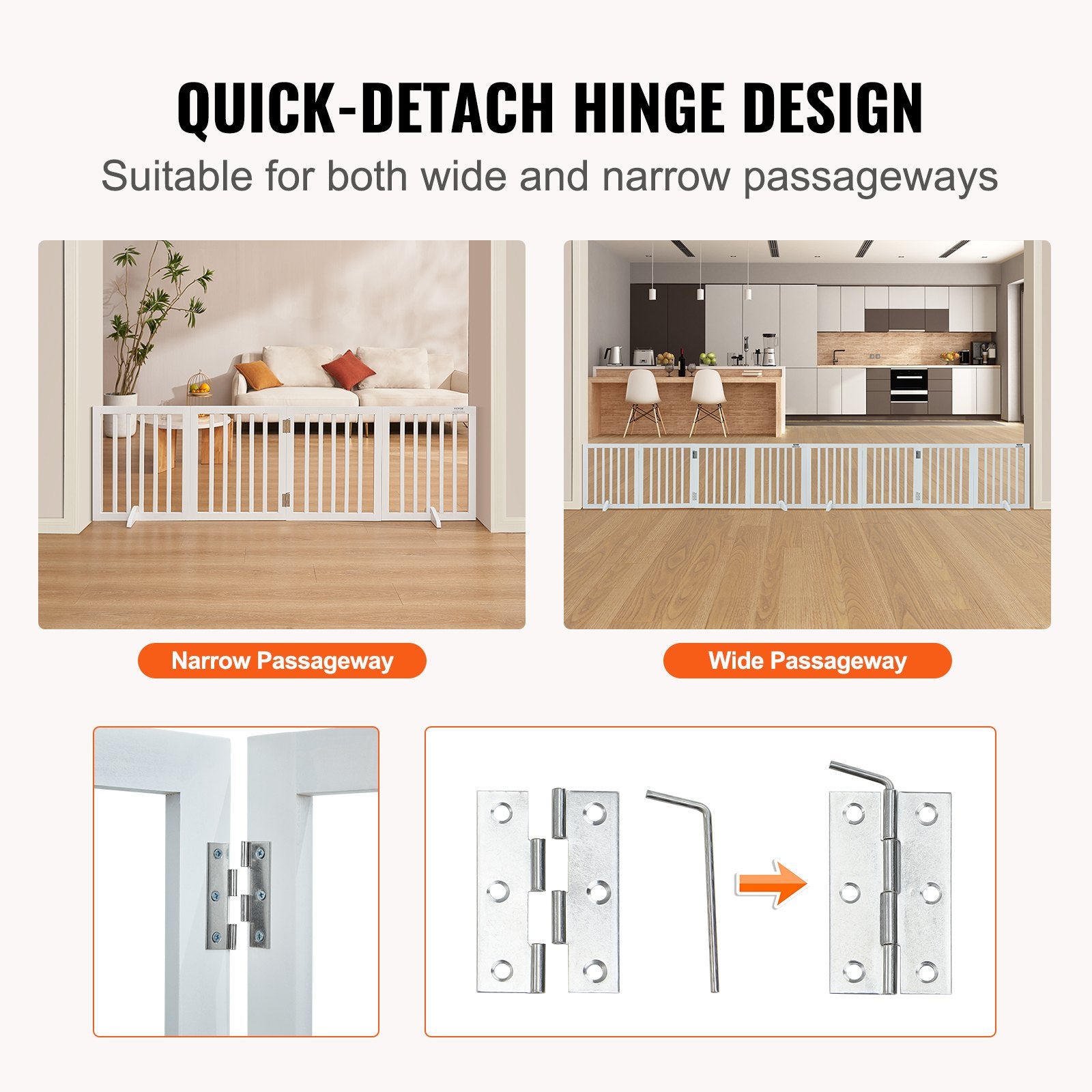 Dog Playpens & Gates: VEVOR Free Standing Dog Gate, 24" H x 80.3" W Freestanding Pet Gate, 4 Panels Foldable Dog Gate for Wide and Narrow Passageways, Expandable Dog Barrier with Silent Foot Support for Indoor, White