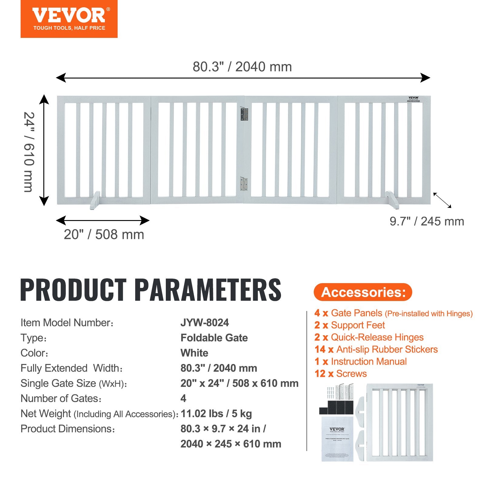 Dog Playpens & Gates: VEVOR Free Standing Dog Gate, 24" H x 80.3" W Freestanding Pet Gate, 4 Panels Foldable Dog Gate for Wide and Narrow Passageways, Expandable Dog Barrier with Silent Foot Support for Indoor, White