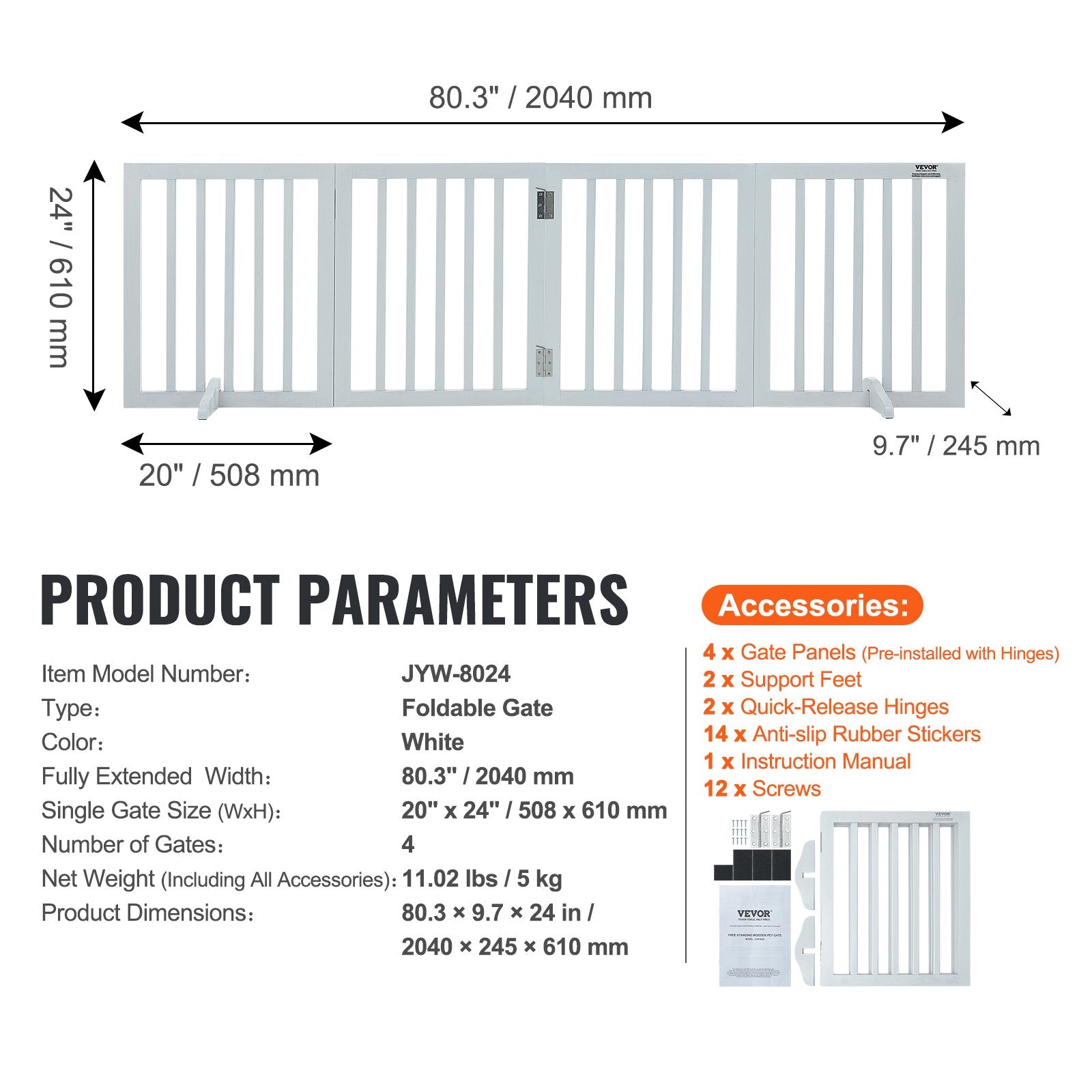 Dog Playpens & Gates: VEVOR Free Standing Dog Gate, 24" H x 80.3" W Freestanding Pet Gate, 4 Panels Foldable Dog Gate for Wide and Narrow Passageways, Expandable Dog Barrier with Silent Foot Support for Indoor, White