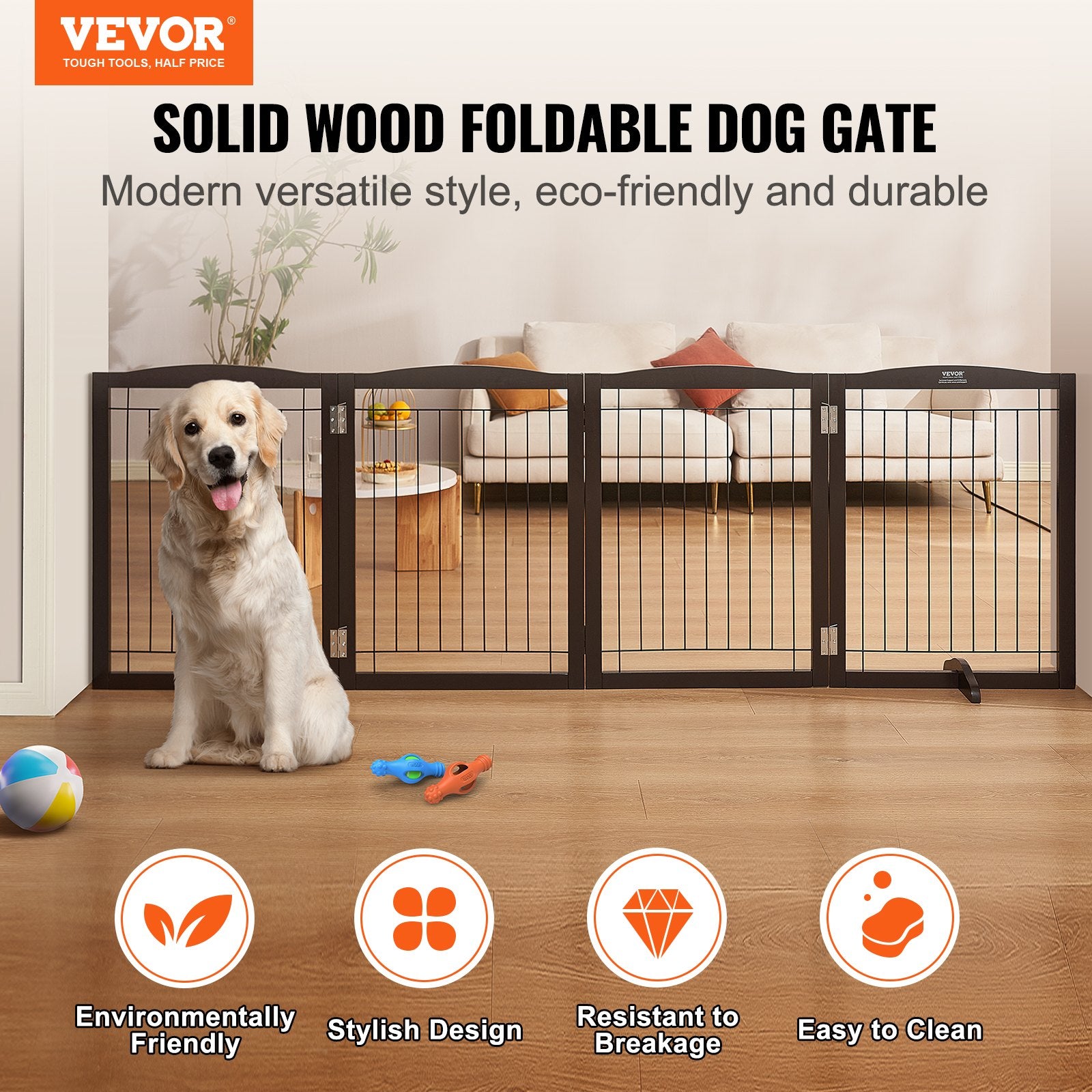 Dog Playpens & Gates: VEVOR Free Standing Dog Gate 32x96.5 inch Freestanding Pet Gate Foldable Brown