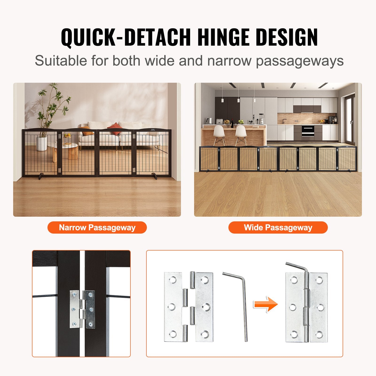 Dog Playpens & Gates: VEVOR Free Standing Dog Gate 32x96.5 inch Freestanding Pet Gate Foldable Brown