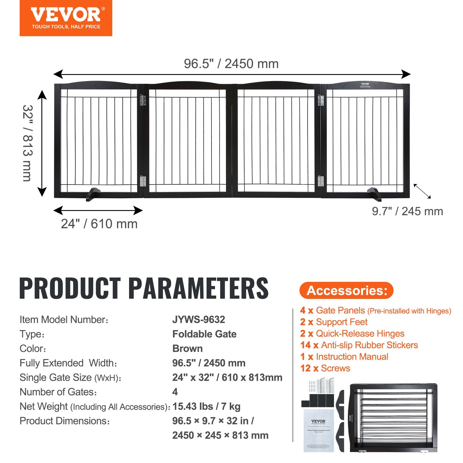 Dog Playpens & Gates: VEVOR Free Standing Dog Gate 32x96.5 inch Freestanding Pet Gate Foldable Brown
