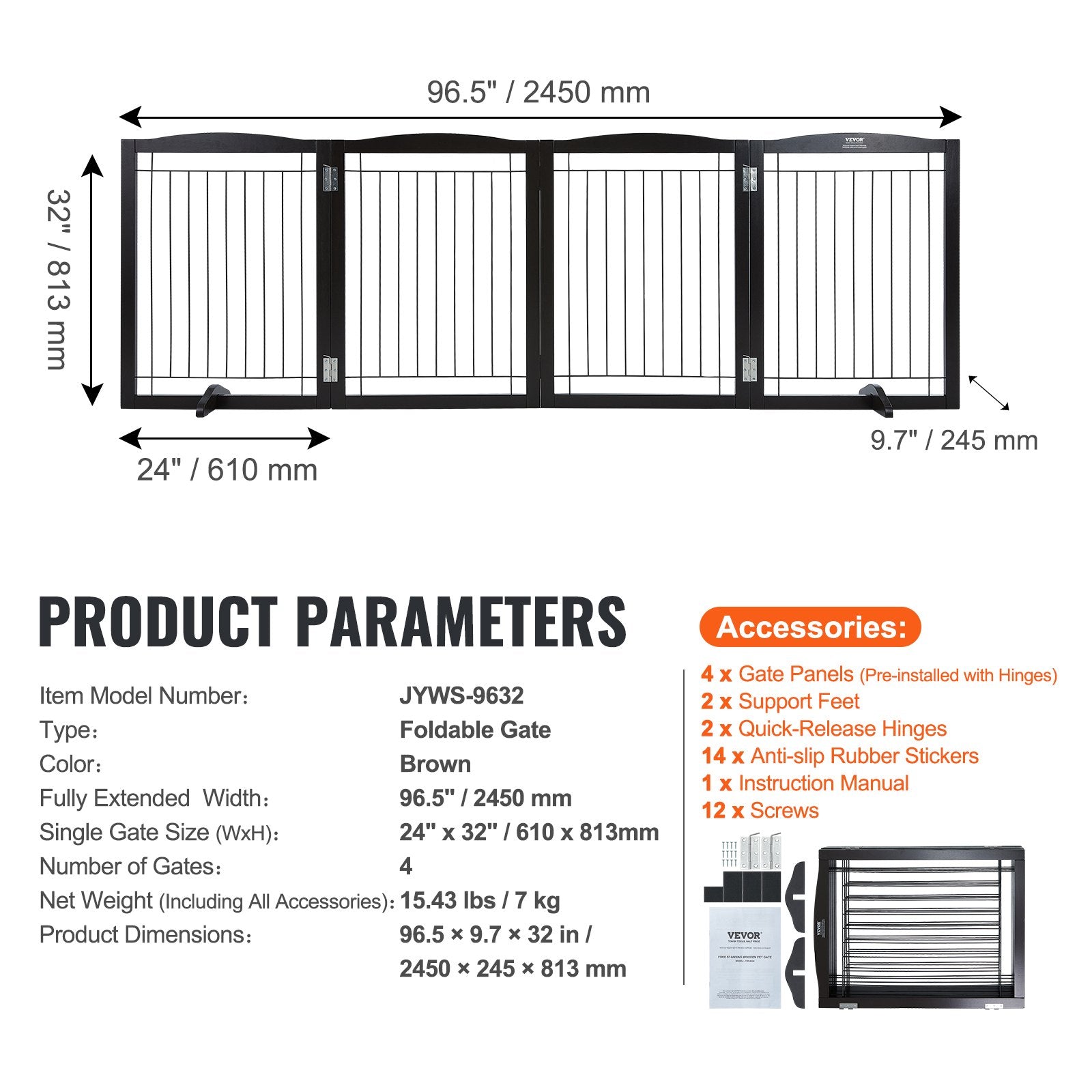 Dog Playpens & Gates: VEVOR Free Standing Dog Gate 32x96.5 inch Freestanding Pet Gate Foldable Brown