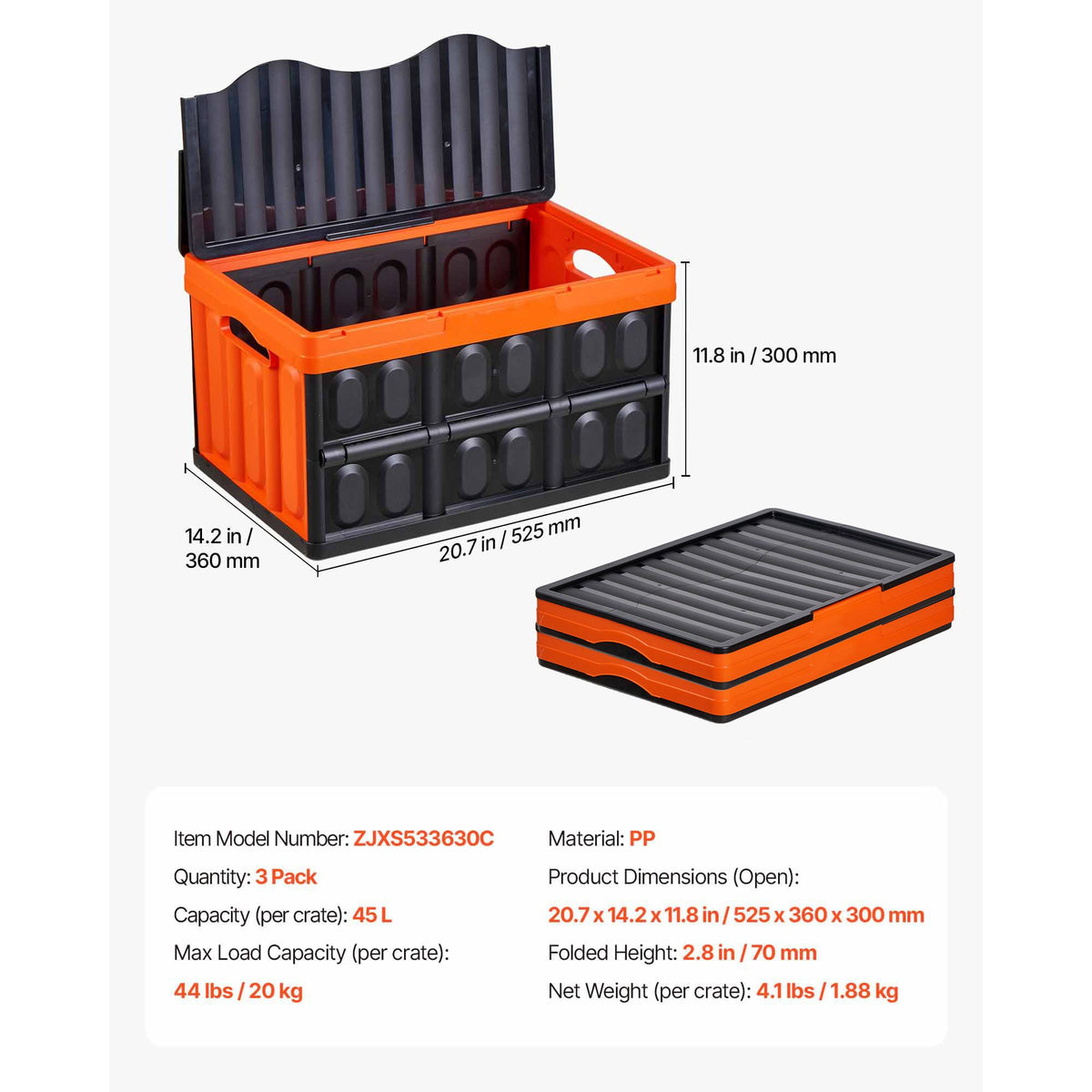 Plastic Collapsible Storage Bins with Lids, 45L 3Packs, Stackable Folding Storage Crates with Handles, Holds 20 kg Per Bin, Heavy Duty Containers, Space-Saving Baskets, for Home Organizing