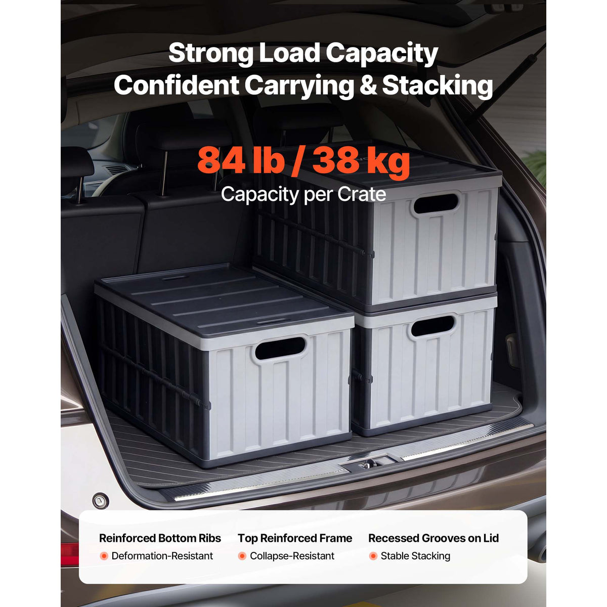 Plastic Collapsible Storage Bins with Lids, 65L 3 Packs, Stackable Folding Storage Crates with Handles, Holds 38 kg Per Bin, Heavy Duty Containers, Space-Saving Baskets, for Home Organizing
